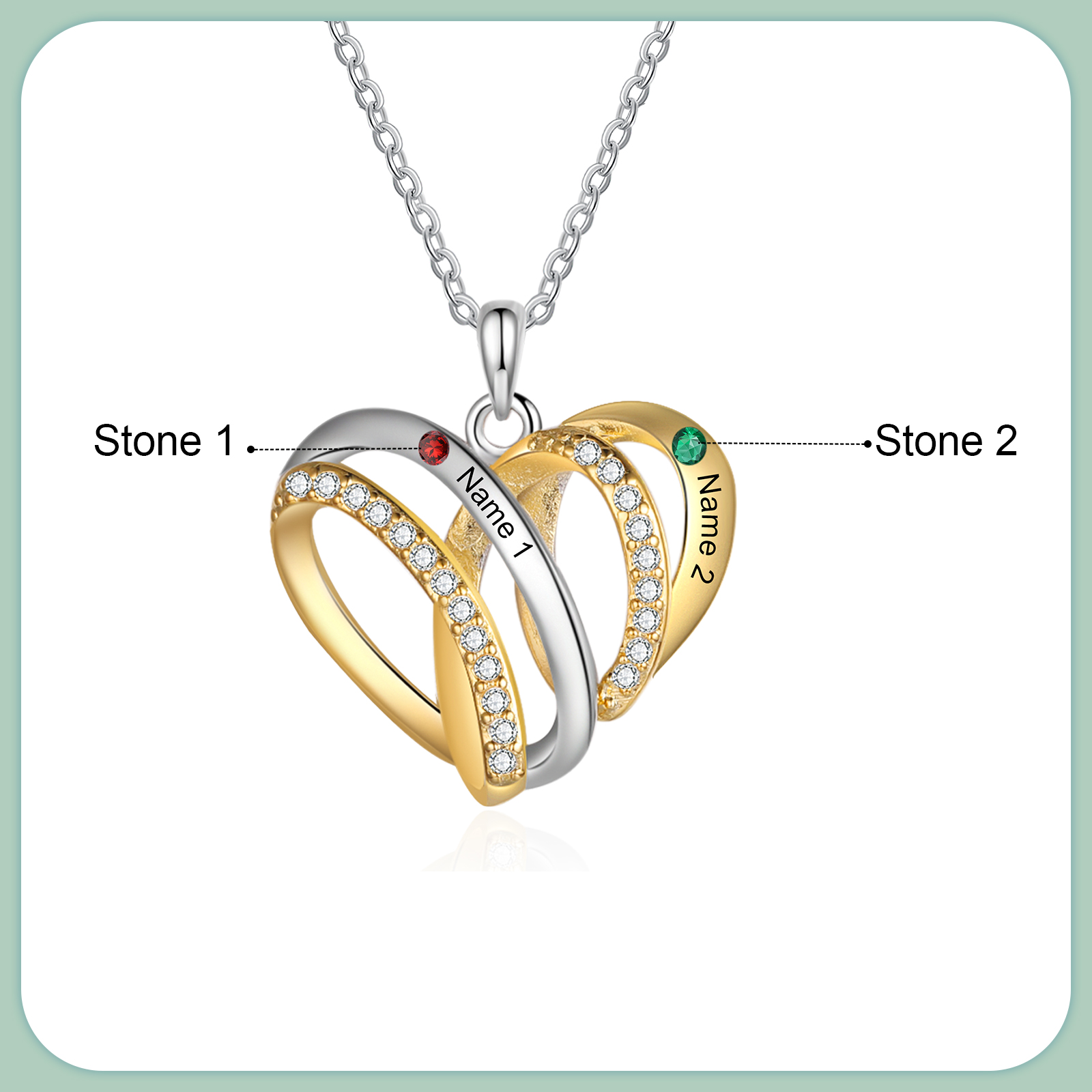 Personalised Heart Necklace with 2 Birthstones 2 Names Custom Women's Necklace Gift for Her-Jessemade AU