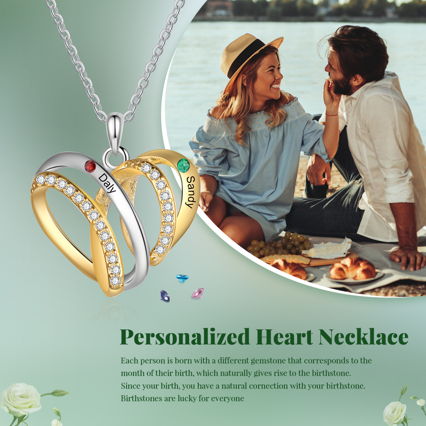 Personalised Heart Necklace with 2 Birthstones 2 Names Custom Women's Necklace Gift for Her-Jessemade AU