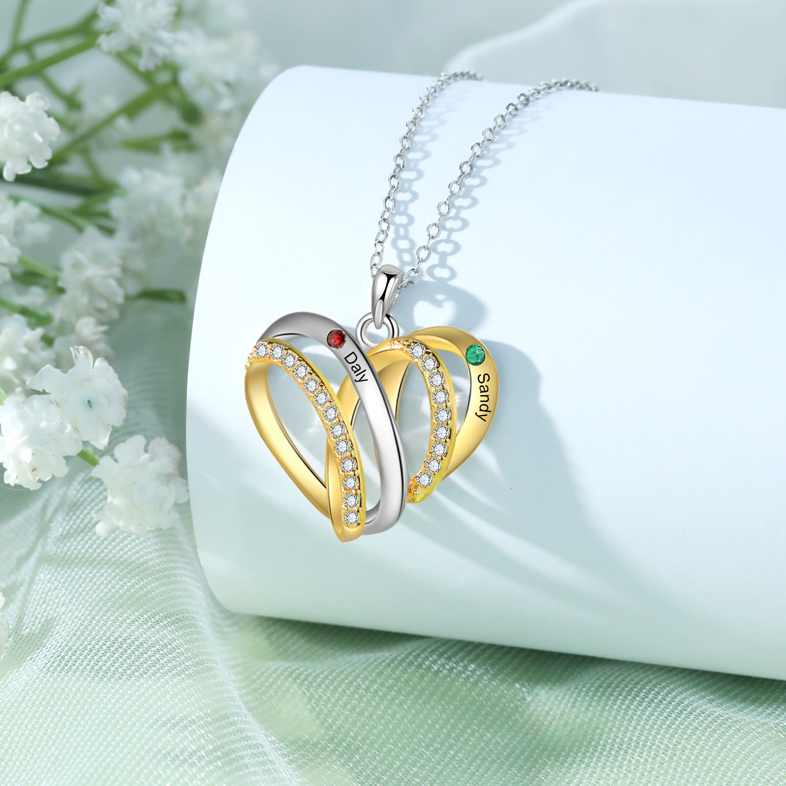 Personalised Heart Necklace with 2 Birthstones 2 Names Custom Women's Necklace Gift for Her