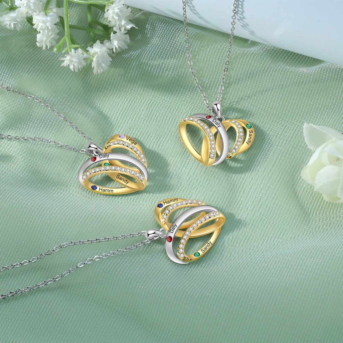 Personalised Heart Necklace with 2 Birthstones 2 Names Custom Women's Necklace Gift for Her-Jessemade AU