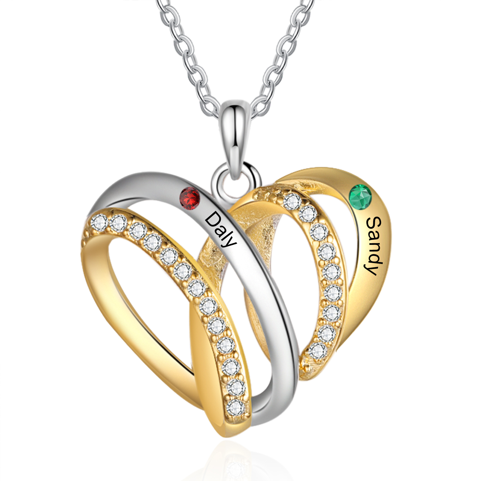 Personalised Heart Necklace with 2 Birthstones 2 Names Custom Women's Necklace Gift for Her