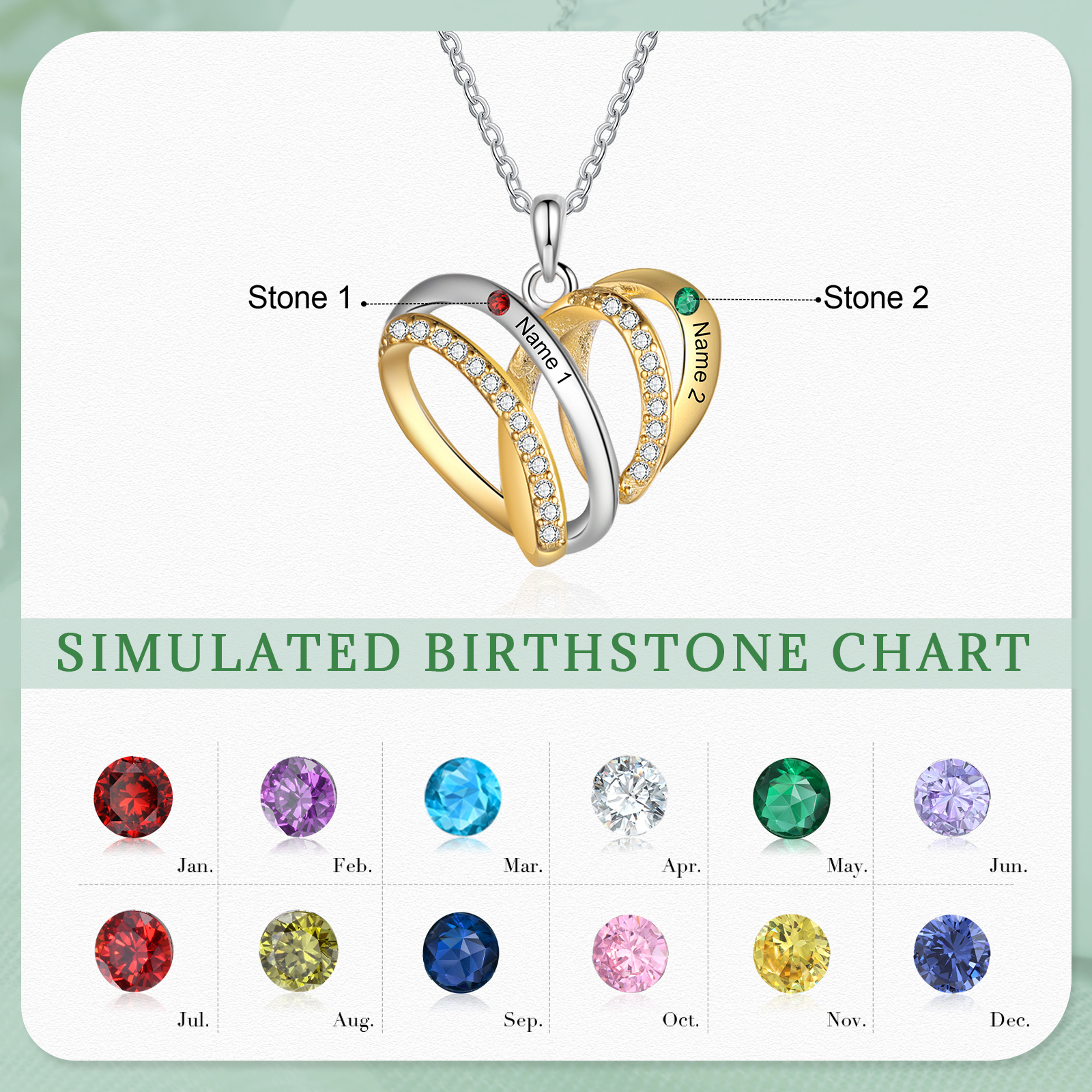 Personalised Heart Necklace with 2 Birthstones 2 Names Custom Women's Necklace Gift for Her-Jessemade AU