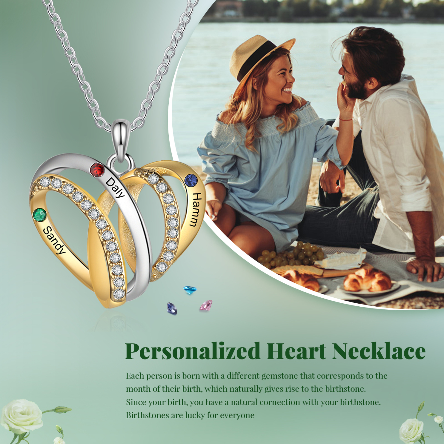 Personalised Heart Necklace with 3 Birthstones 3 Names Custom Women's Necklace Gift for Her-Jessemade AU