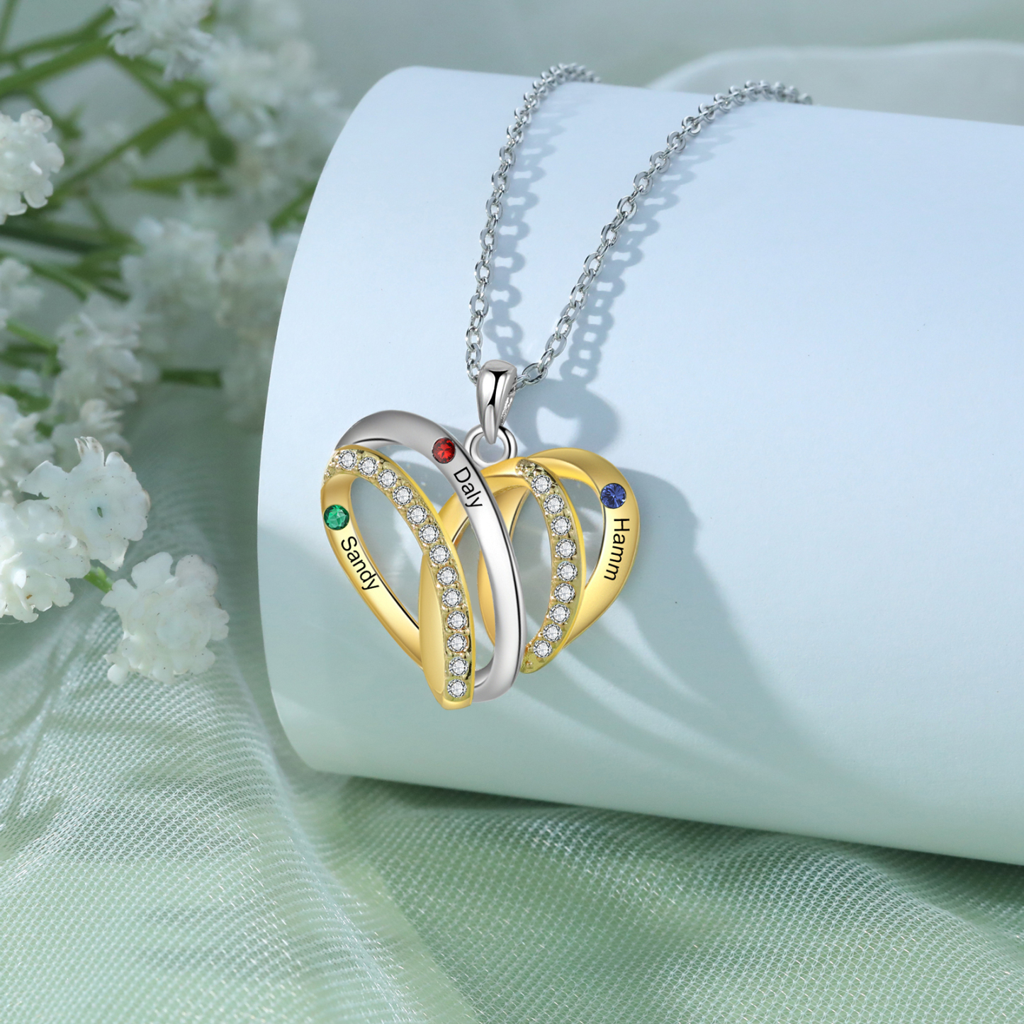 Personalised Heart Necklace with 3 Birthstones 3 Names Custom Women's Necklace Gift for Her-Jessemade AU