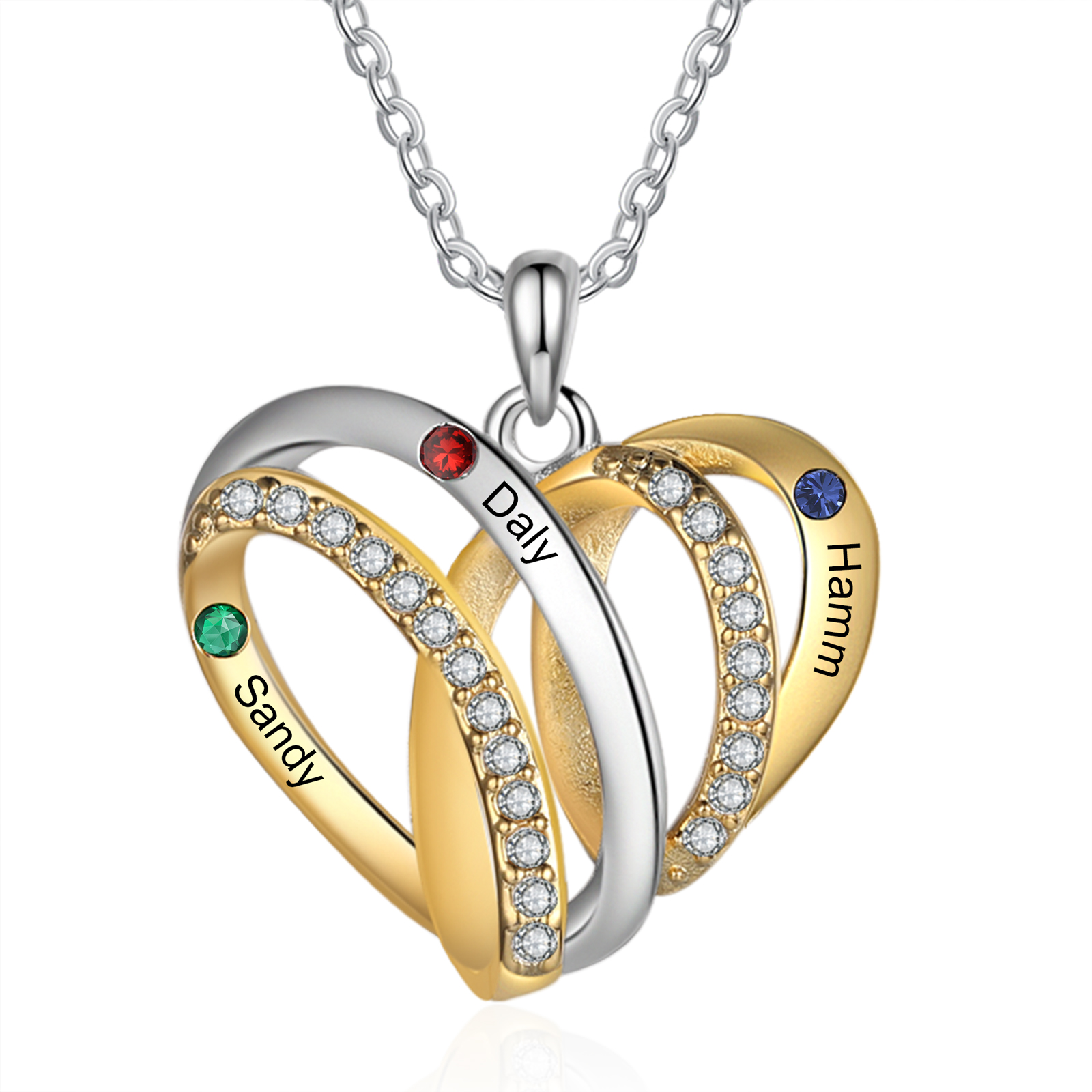 Personalised Heart Necklace with 3 Birthstones 3 Names Custom Women's Necklace Gift for Her