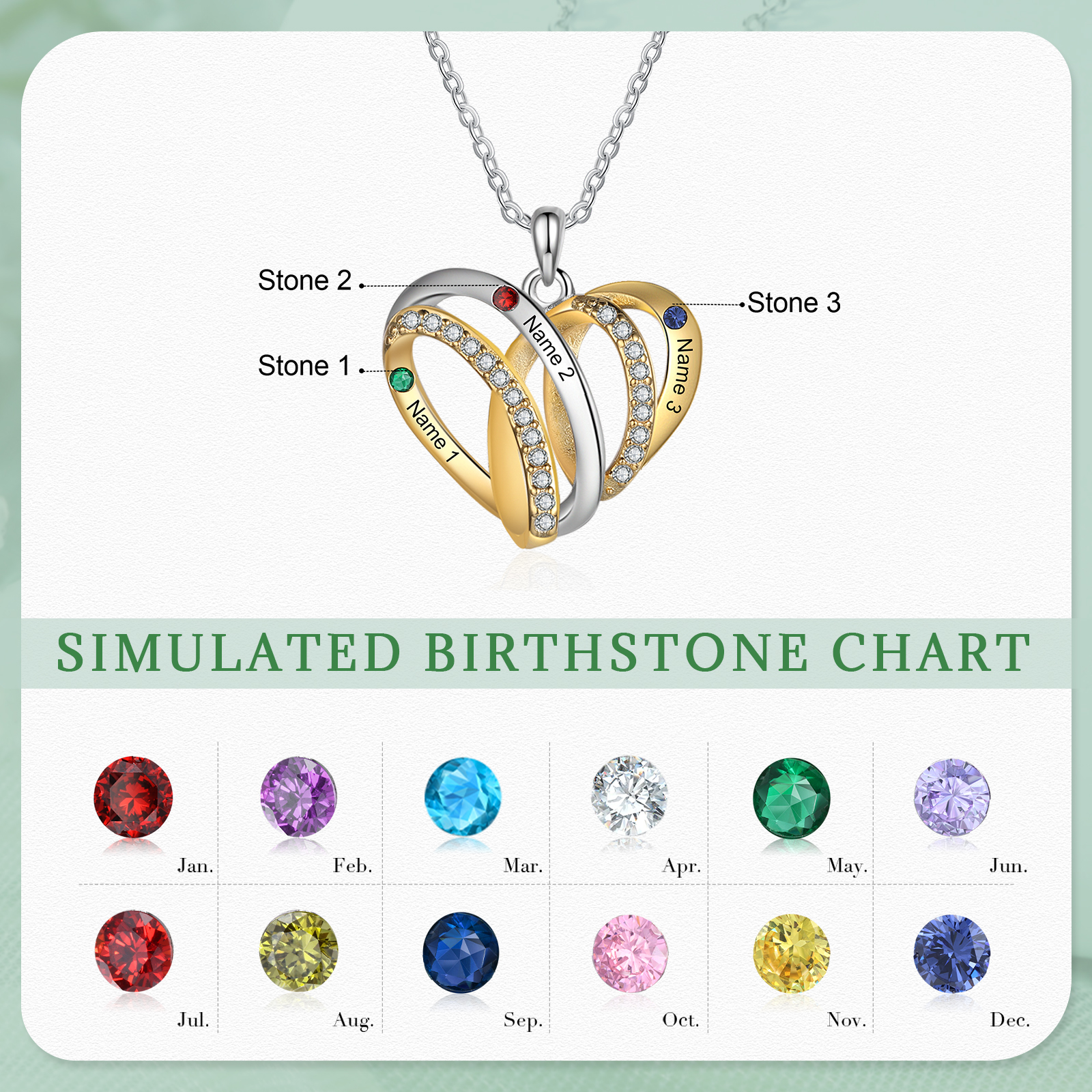 Personalised Heart Necklace with 3 Birthstones 3 Names Custom Women's Necklace Gift for Her-Jessemade AU