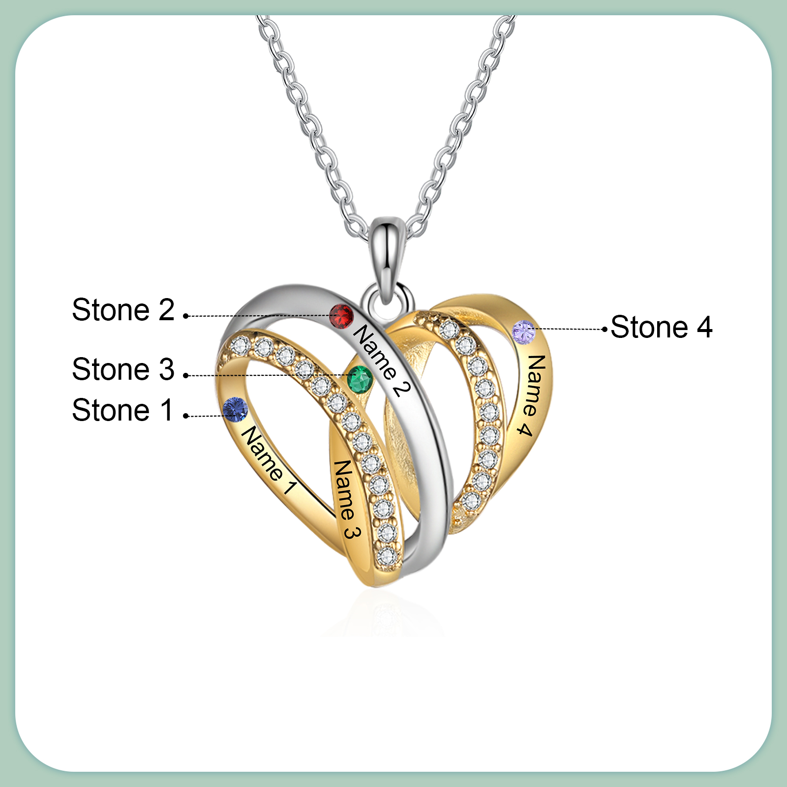 Personalised Heart Necklace with 4 Birthstones 4 Names Custom Women's Necklace Gift for Her-Jessemade AU
