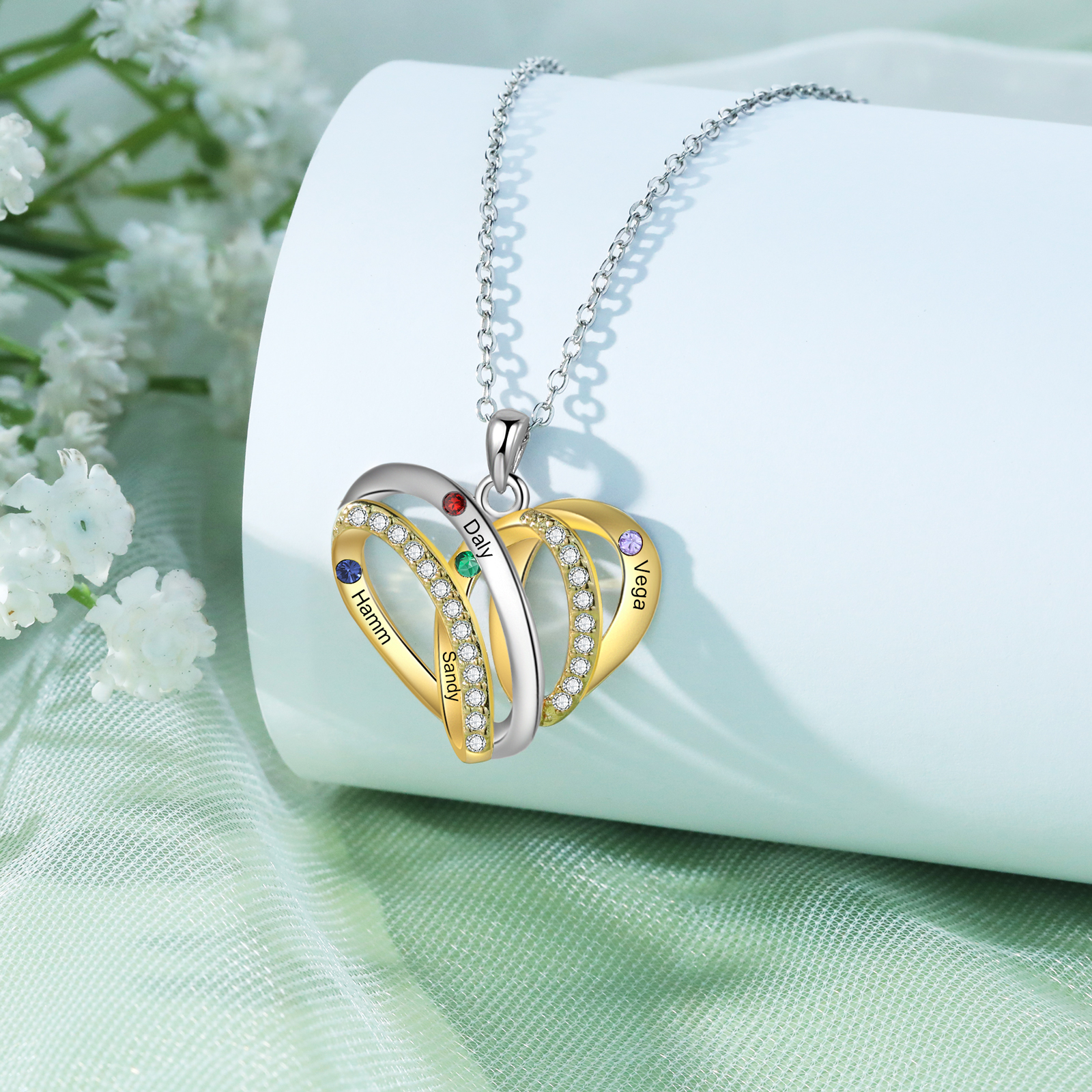 Personalised Heart Necklace with 4 Birthstones 4 Names Custom Women's Necklace Gift for Her-Jessemade AU