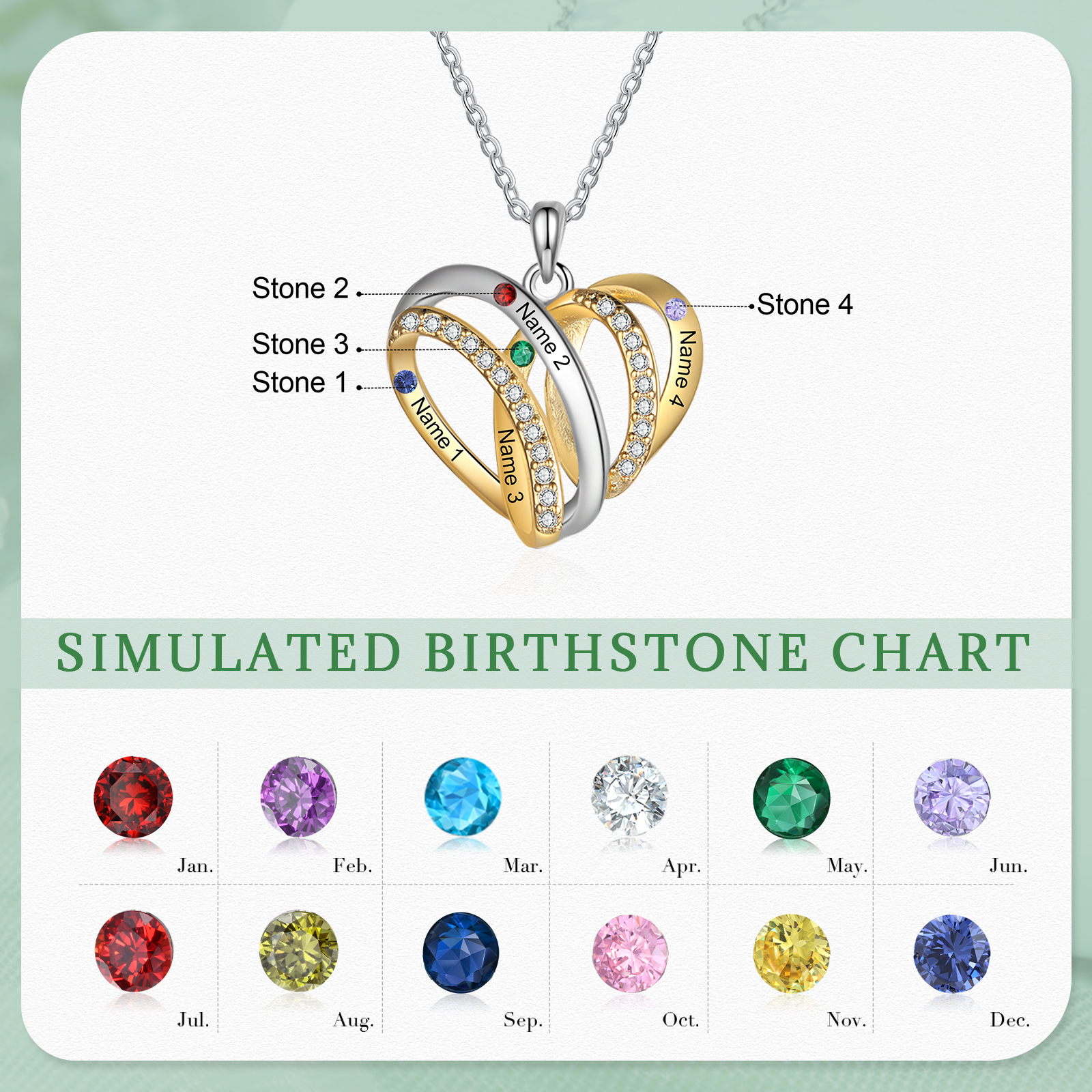 Personalised Heart Necklace with 4 Birthstones 4 Names Custom Women's Necklace Gift for Her-Jessemade AU