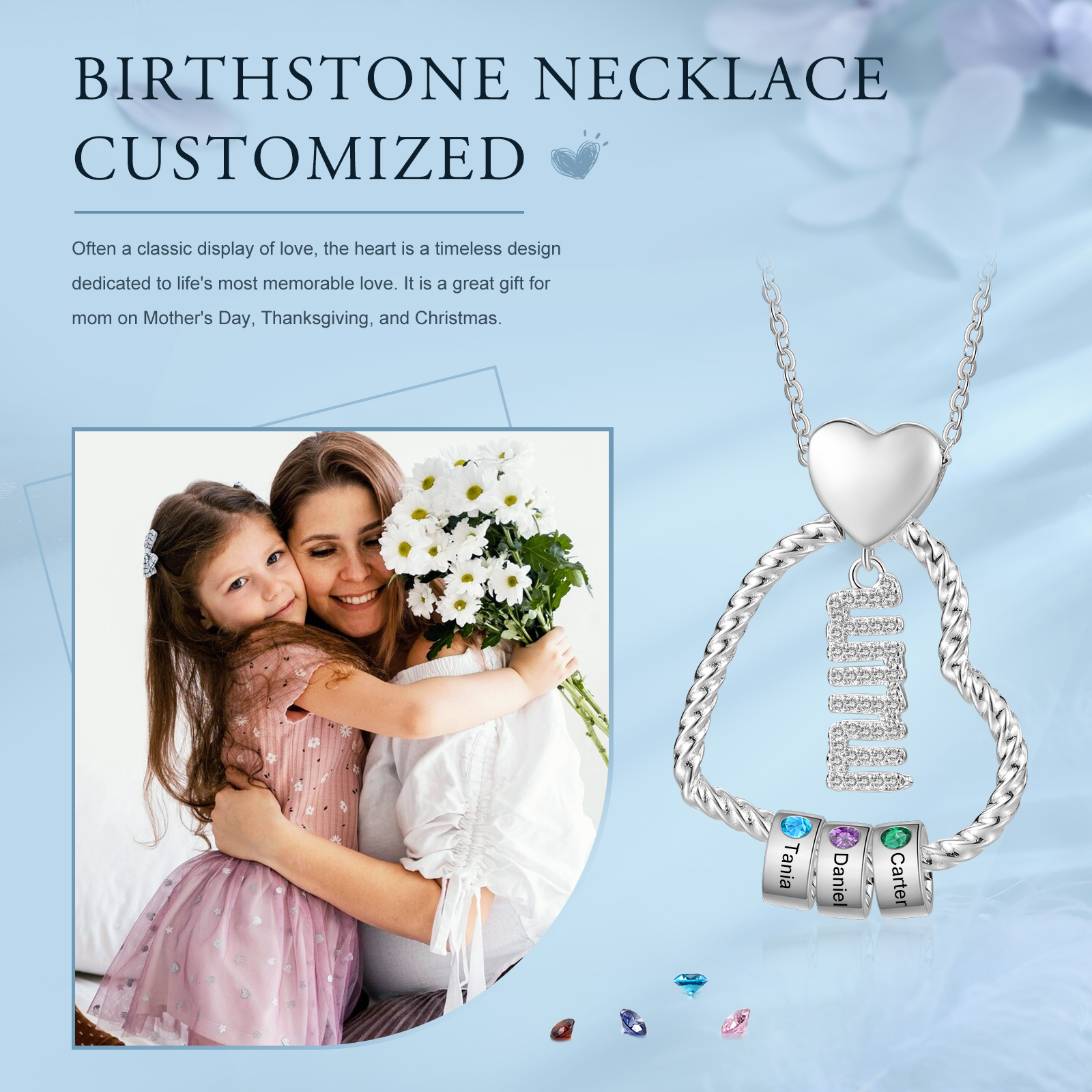 Personalised Heart Pendant Necklace Custom 1-5 Birthstones & 1-5 Names Gifts for Mum-Jessemade AU