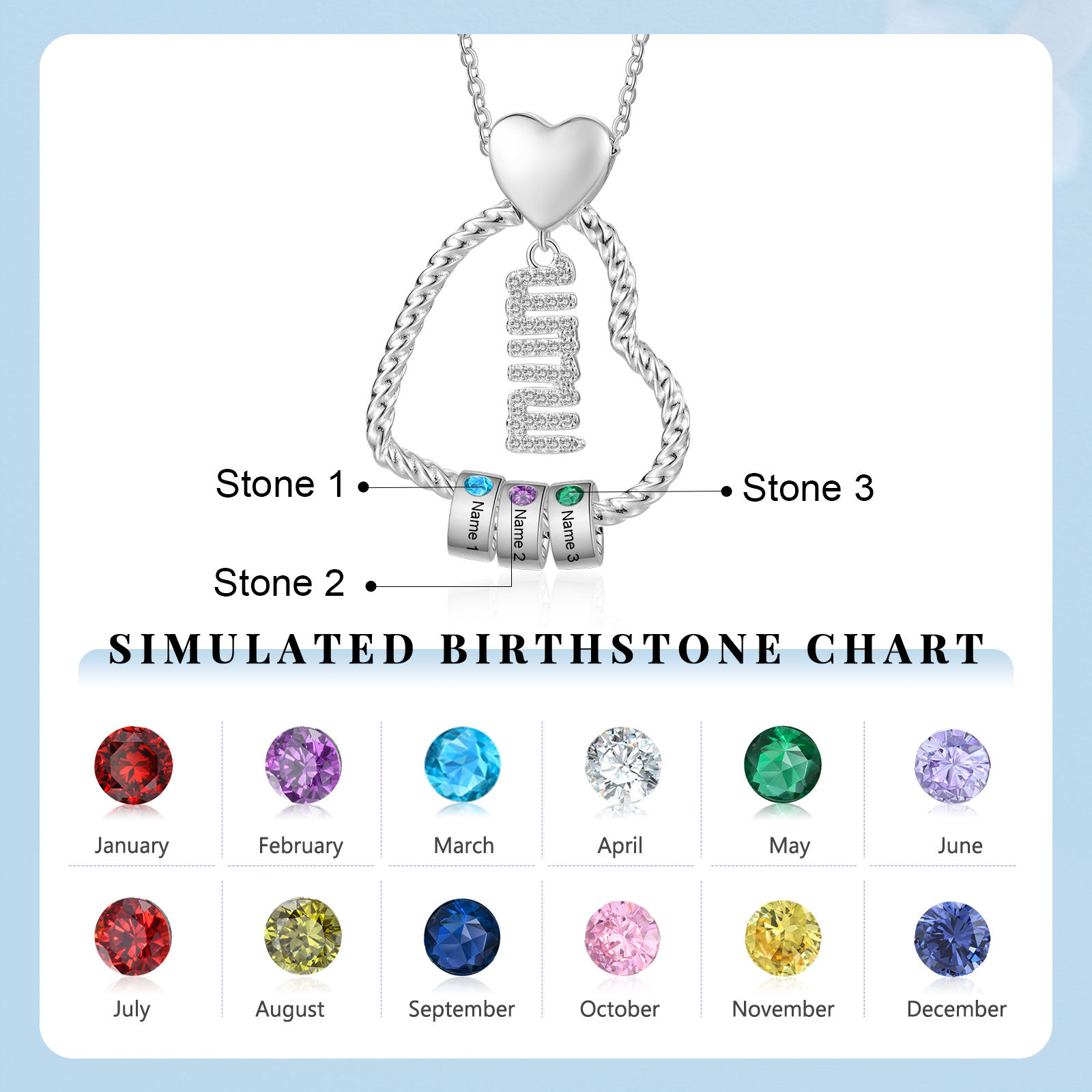Personalised Heart Pendant Necklace Custom 1-5 Birthstones & 1-5 Names Gifts for Mum