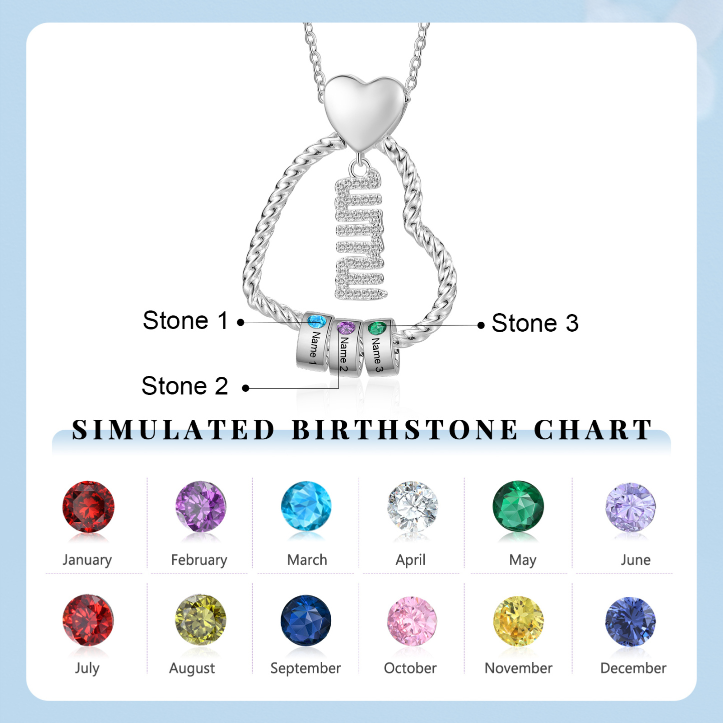 Personalised Heart Pendant Necklace Custom 1-5 Birthstones & 1-5 Names Gifts for Mum-Jessemade AU