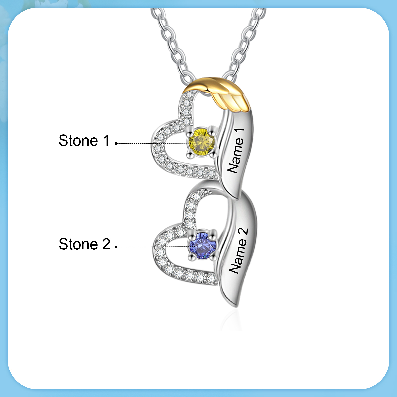 Personalised Heart Pendant Necklace Custom 2 Birthstones & 2 Names Birthday Women Necklace Gift for Her-Jessemade AU