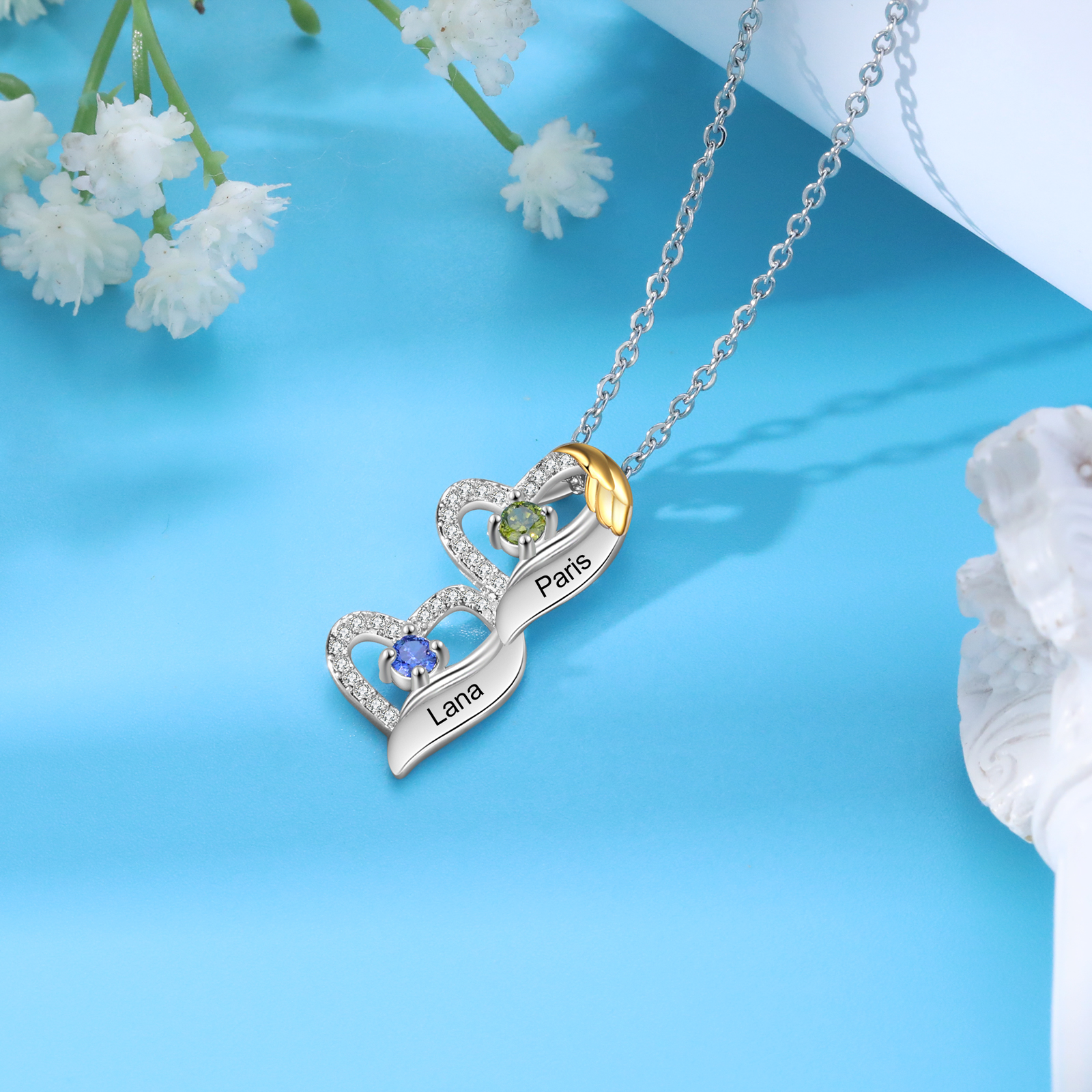 Personalised Heart Pendant Necklace Custom 2 Birthstones & 2 Names Birthday Women Necklace Gift for Her-Jessemade AU