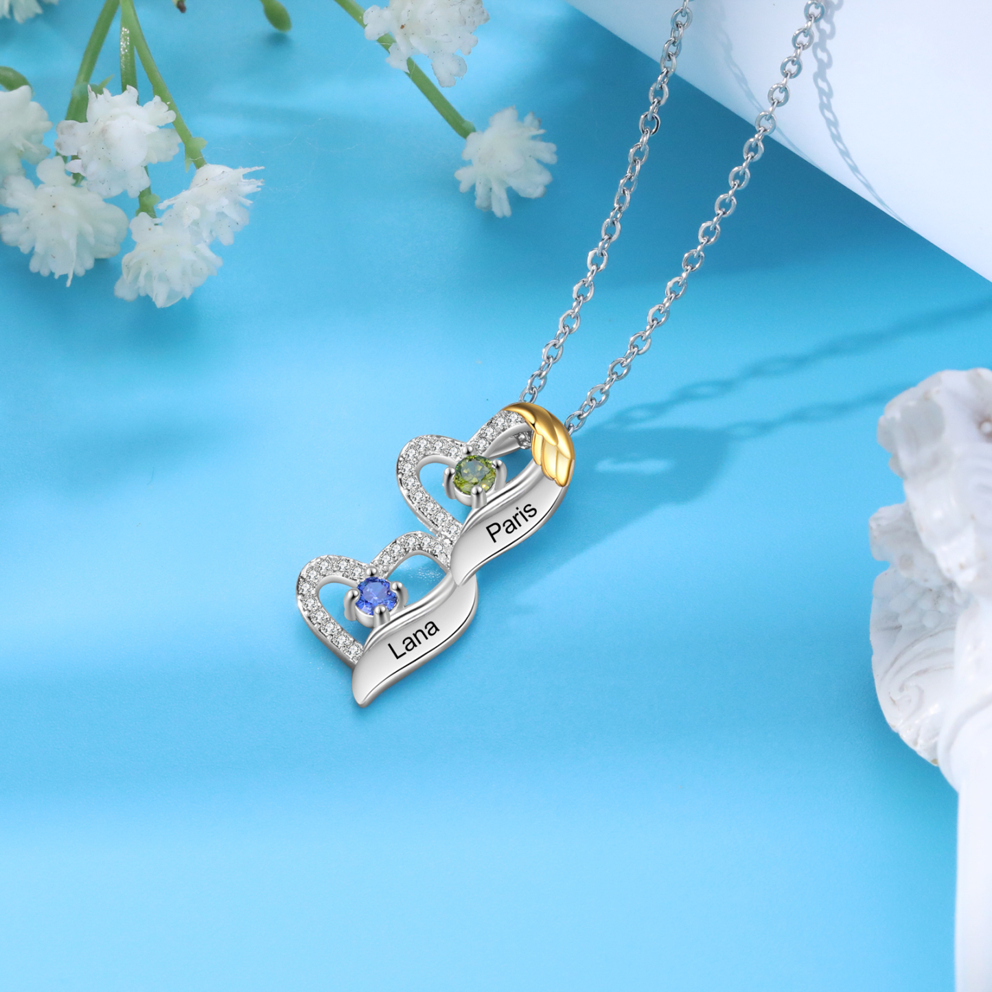 Personalised Heart Pendant Necklace Custom 2 Birthstones & 2 Names Birthday Women Necklace Gift for Her-Jessemade AU