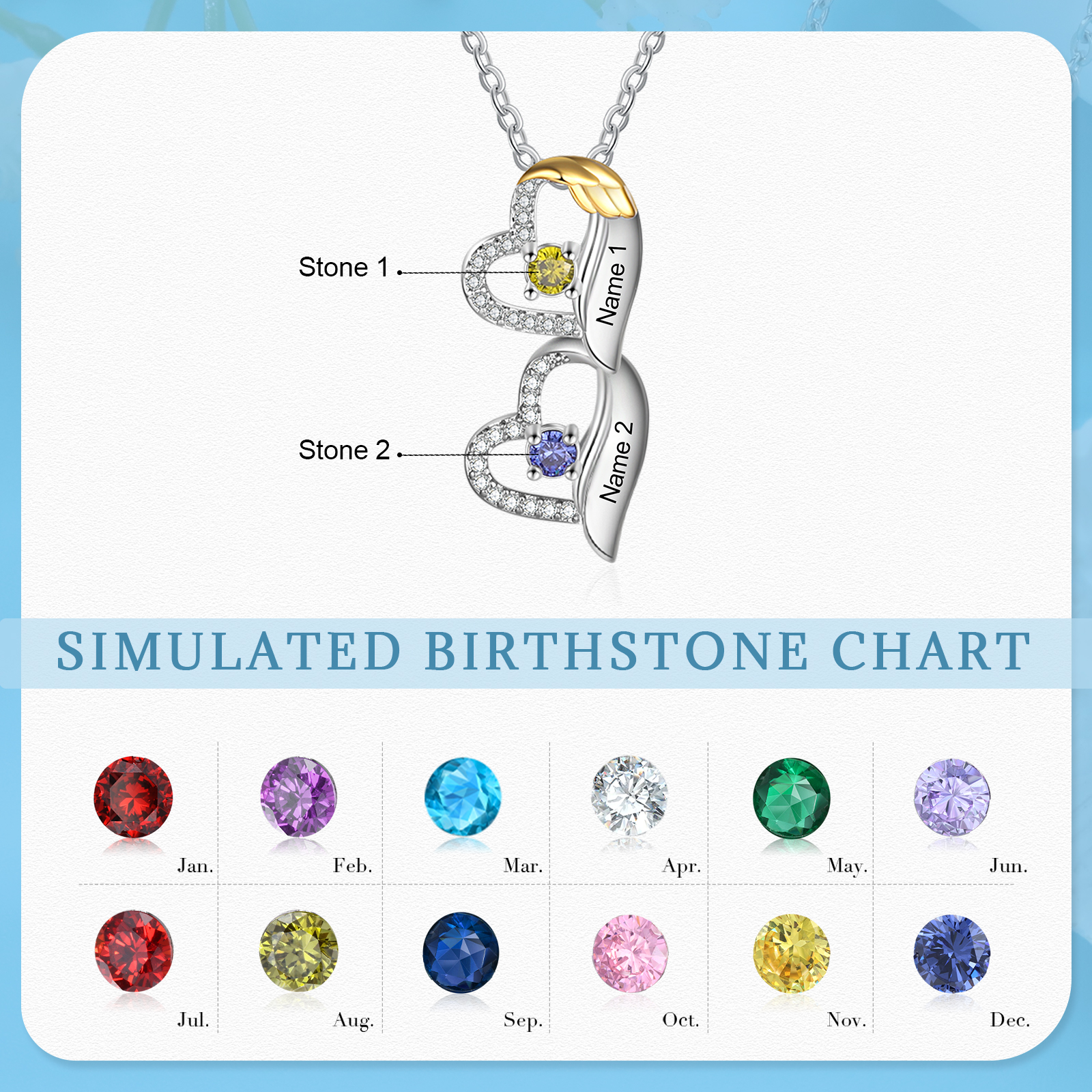 Personalised Heart Pendant Necklace Custom 2 Birthstones & 2 Names Birthday Women Necklace Gift for Her-Jessemade AU