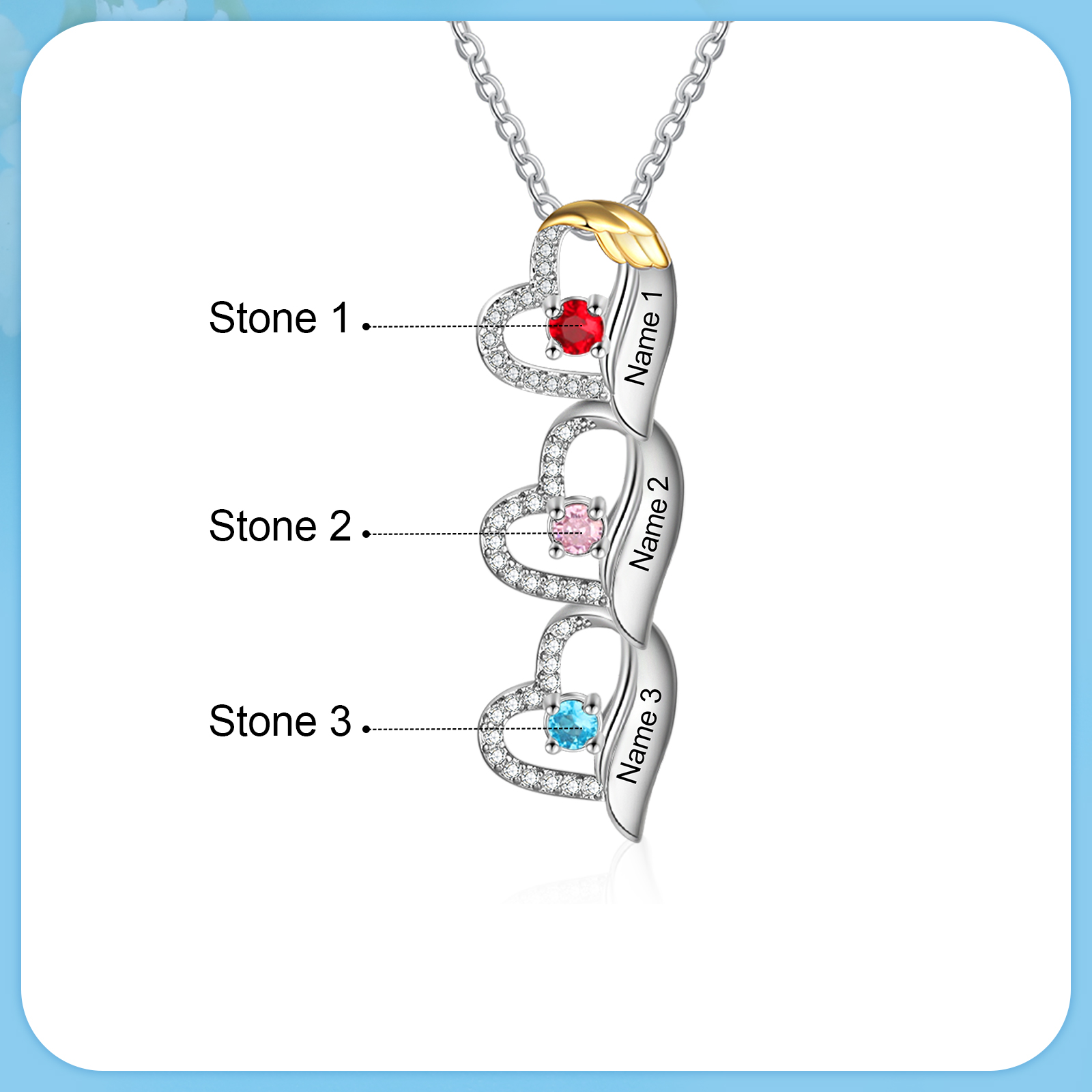 Personalised Heart Pendant Necklace Custom 3 Birthstones & 3 Names Birthday Women Necklace Gift for Her-Jessemade AU