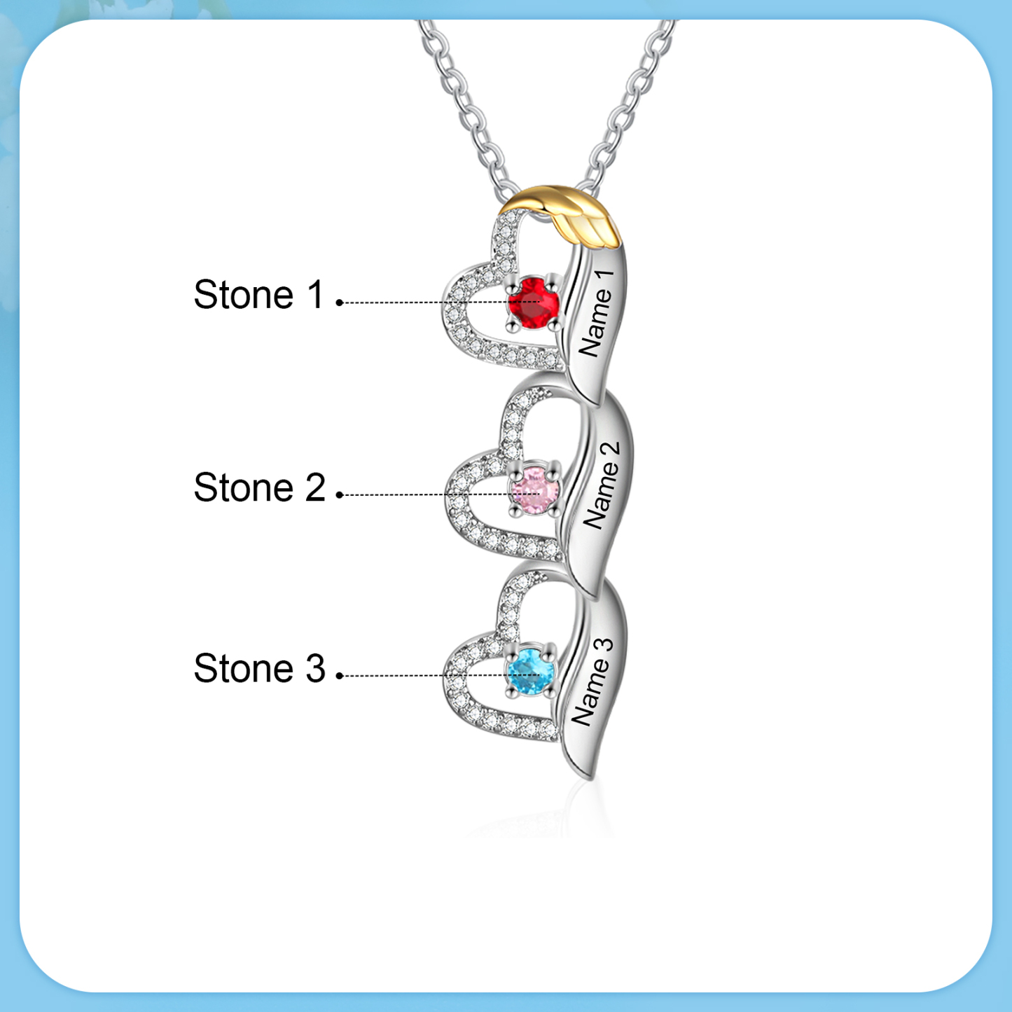 Personalised Heart Pendant Necklace Custom 3 Birthstones & 3 Names Birthday Women Necklace Gift for Her-Jessemade AU