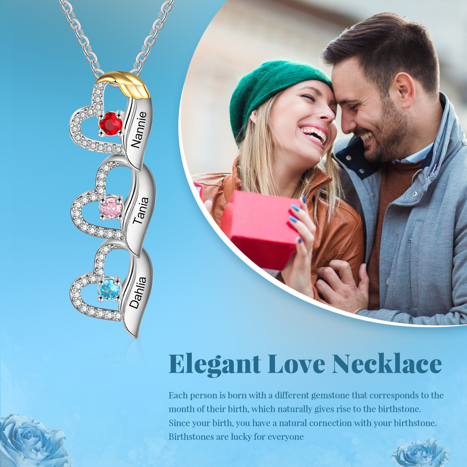 Personalised Heart Pendant Necklace Custom 3 Birthstones & 3 Names Birthday Women Necklace Gift for Her-Jessemade AU