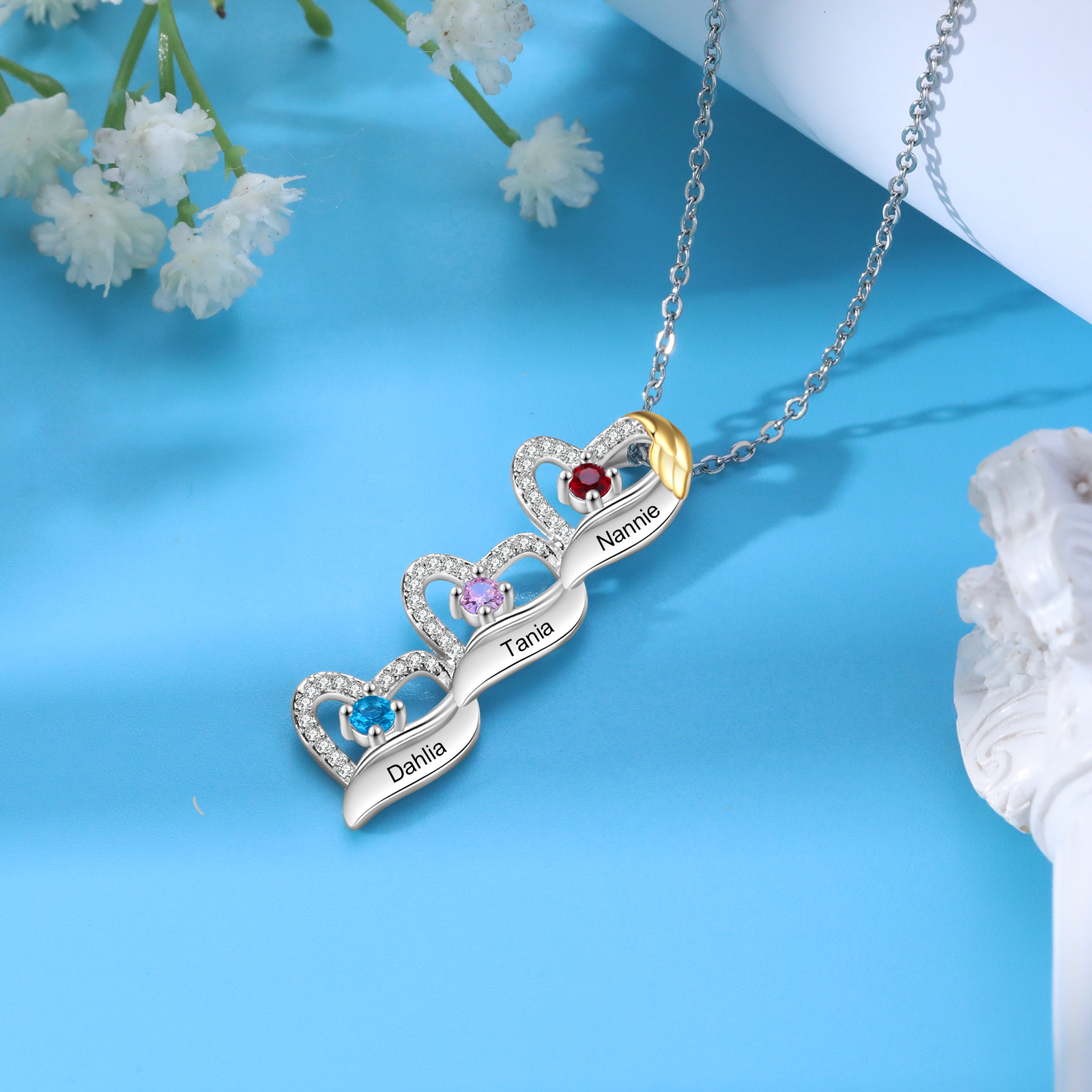 Personalised Heart Pendant Necklace Custom 3 Birthstones & 3 Names Birthday Women Necklace Gift for Her-Jessemade AU