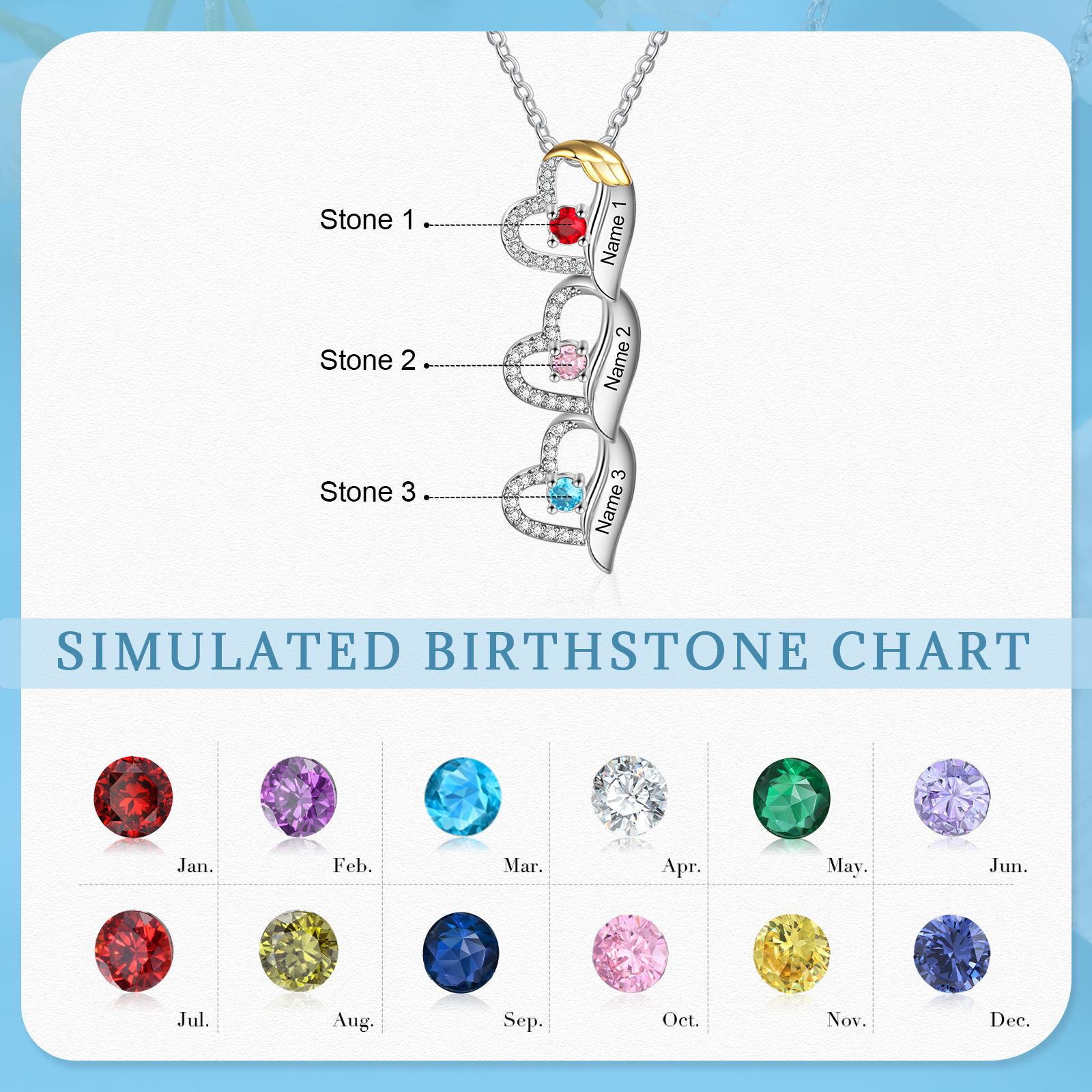 Personalised Heart Pendant Necklace Custom 3 Birthstones & 3 Names Birthday Women Necklace Gift for Her-Jessemade AU
