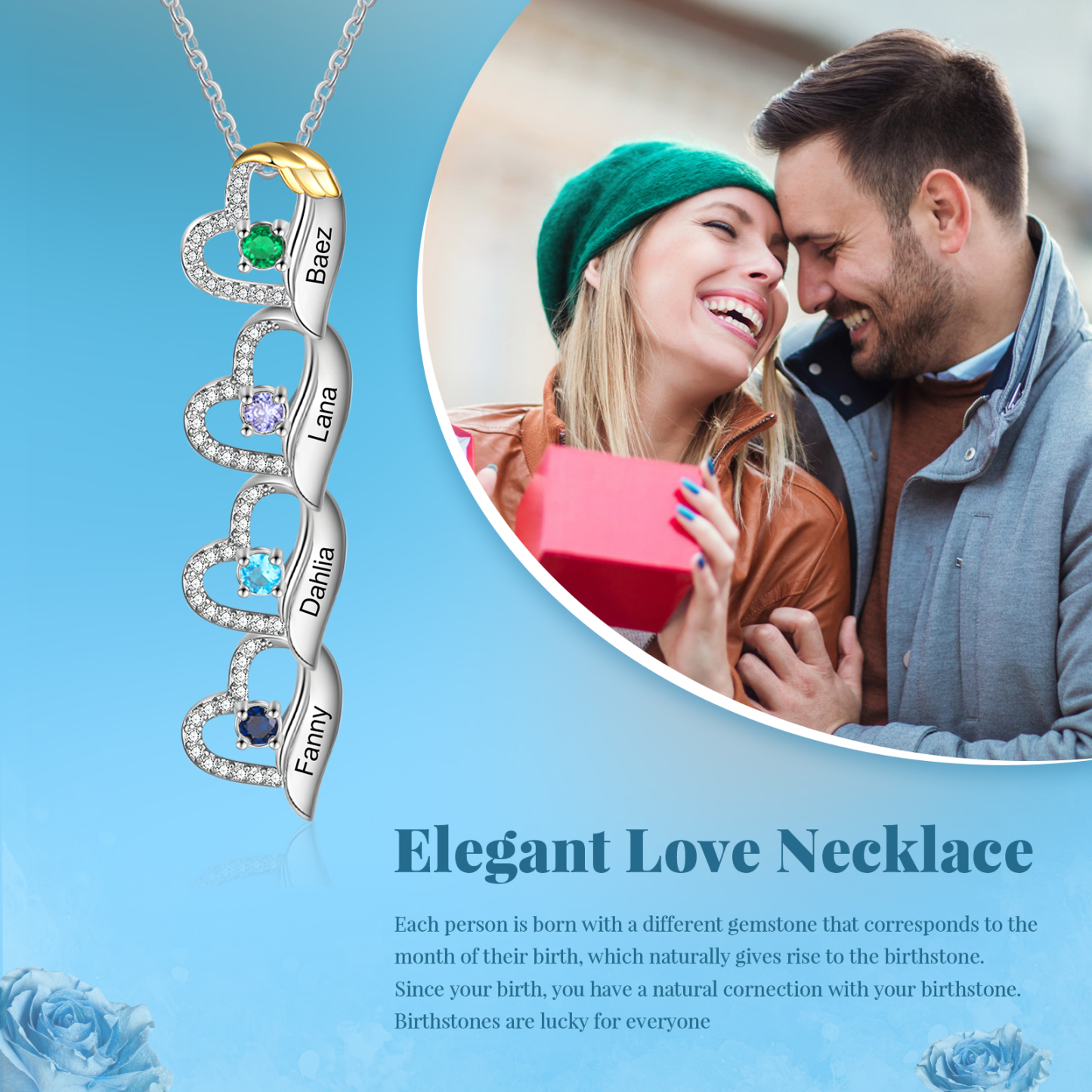 Personalised Heart Pendant Necklace Custom 4 Birthstones & 4 Names Birthday Women Necklace Gift for Her-Jessemade AU