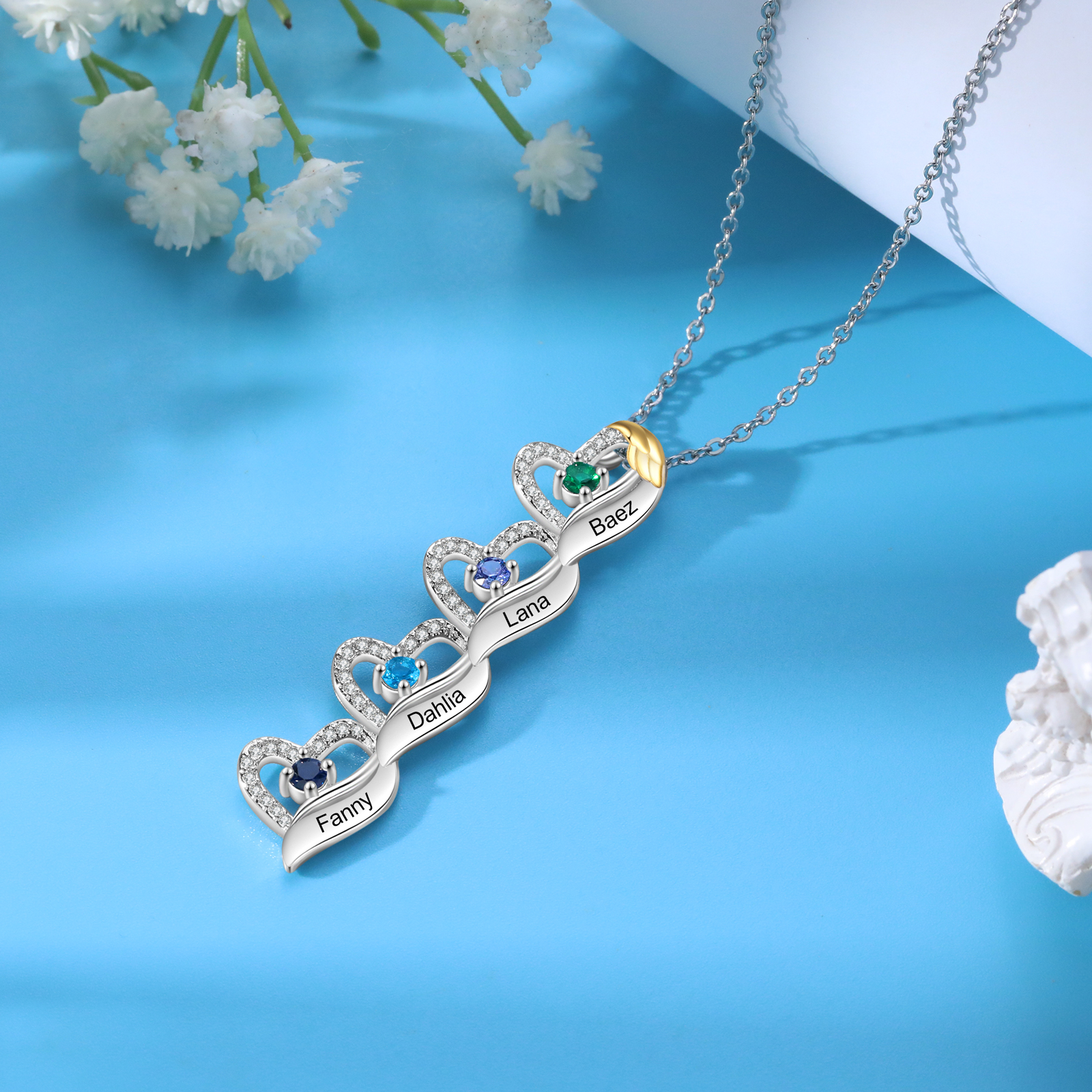 Personalised Heart Pendant Necklace Custom 4 Birthstones & 4 Names Birthday Women Necklace Gift for Her-Jessemade AU