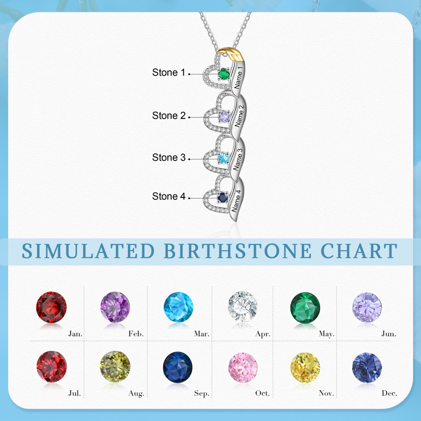 Personalised Heart Pendant Necklace Custom 4 Birthstones & 4 Names Birthday Women Necklace Gift for Her-Jessemade AU