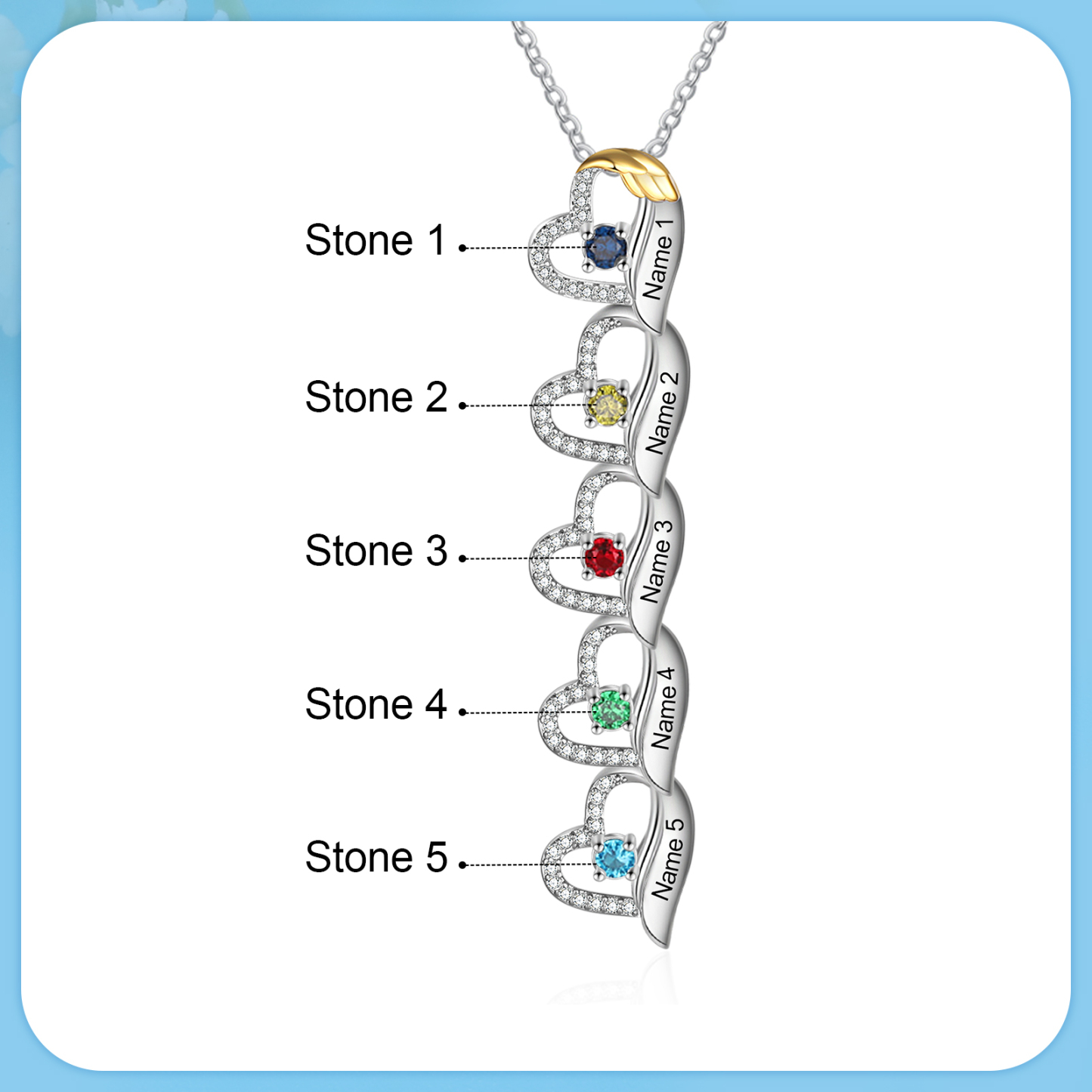 Personalised Heart Pendant Necklace Custom 5 Birthstones & 5 Names Birthday Women Necklace Gift for Her-Jessemade AU