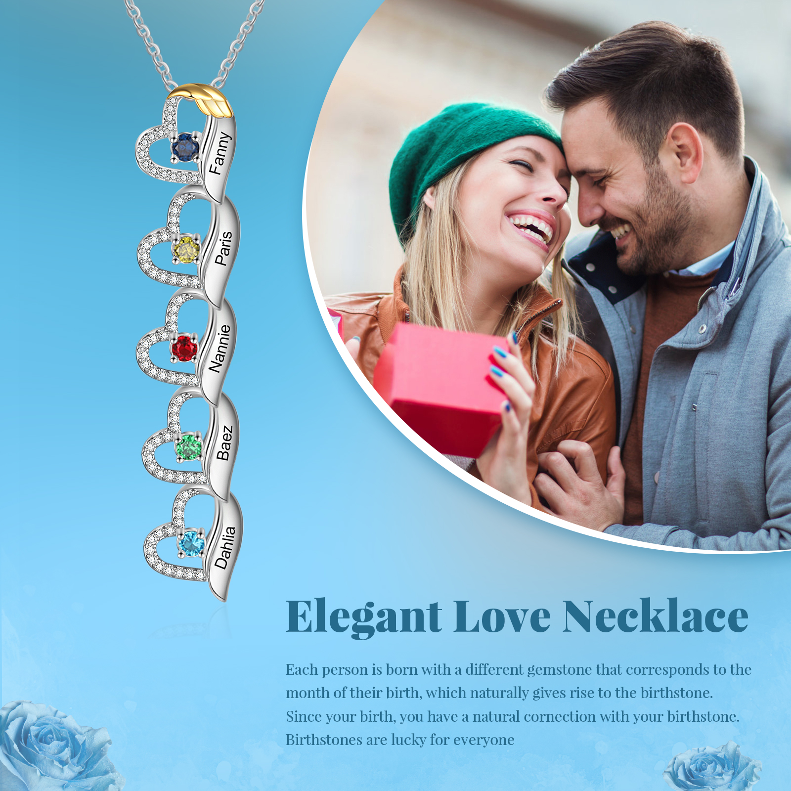 Personalised Heart Pendant Necklace Custom 5 Birthstones & 5 Names Birthday Women Necklace Gift for Her-Jessemade AU