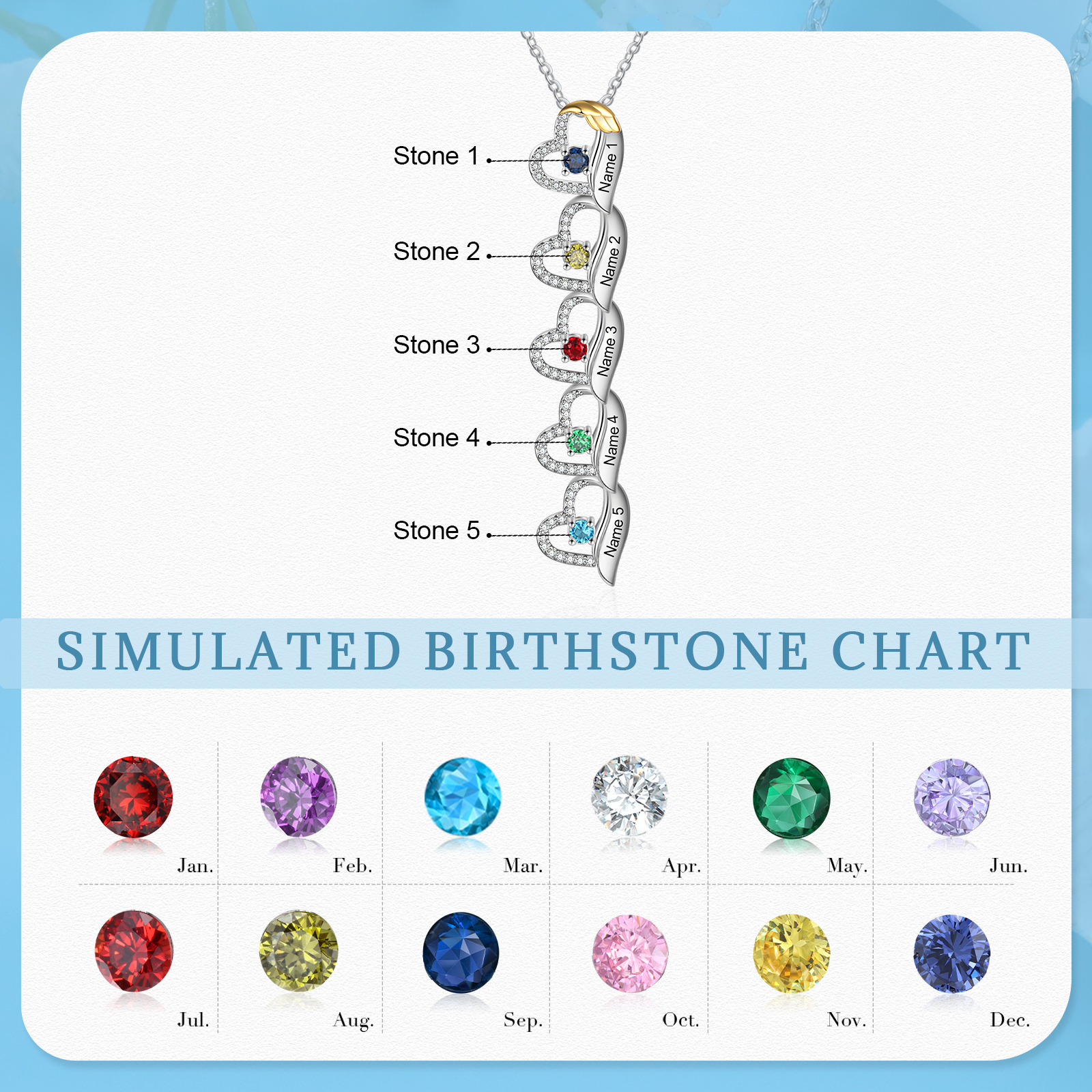 Personalised Heart Pendant Necklace Custom 5 Birthstones & 5 Names Birthday Women Necklace Gift for Her-Jessemade AU
