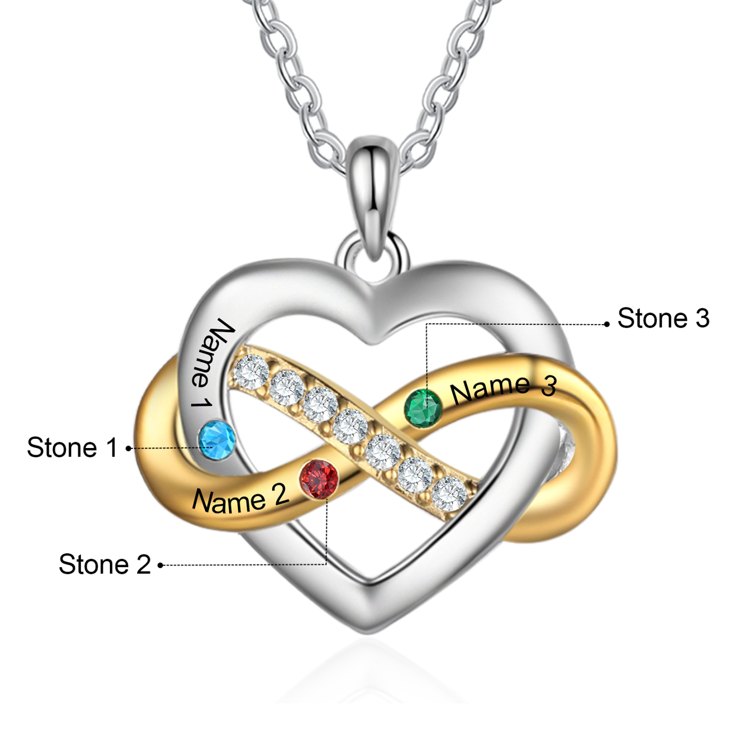 Personalised Heart & Infinity Necklace Custom 2-6 Birthstones & 2-6 Names Gifts for Her-Jessemade AU