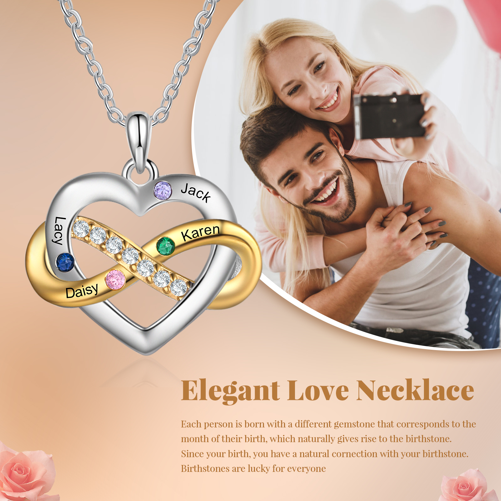 Personalised Heart & Infinity Necklace Custom 2-6 Birthstones & 2-6 Names Gifts for Her-Jessemade AU