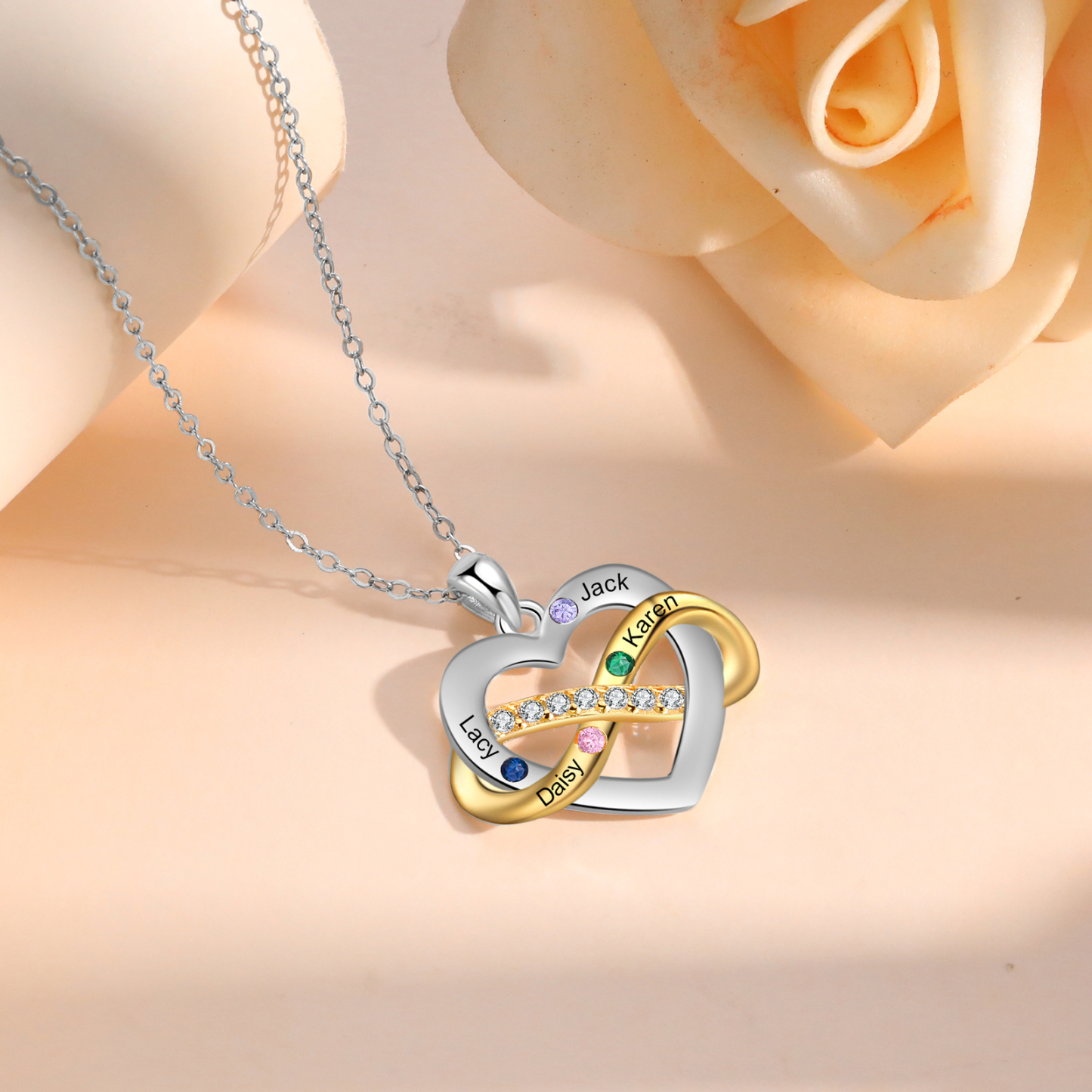 Personalised Heart & Infinity Necklace Custom 2-6 Birthstones & 2-6 Names Gifts for Her-Jessemade AU