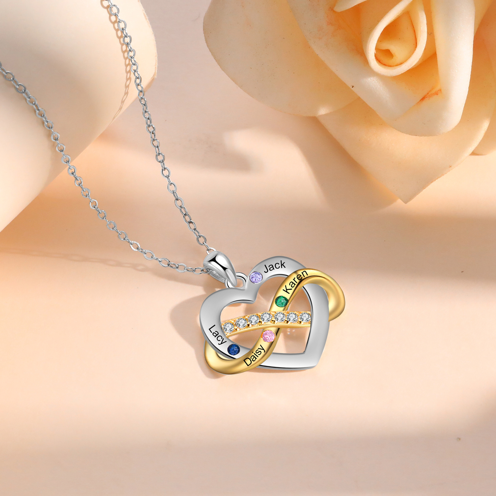 Personalised Heart & Infinity Necklace Custom 2-6 Birthstones & 2-6 Names Gifts for Her-Jessemade AU