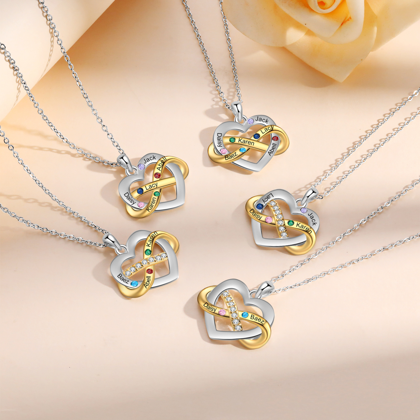 Personalised Heart & Infinity Necklace Custom 2-6 Birthstones & 2-6 Names Gifts for Her-Jessemade AU