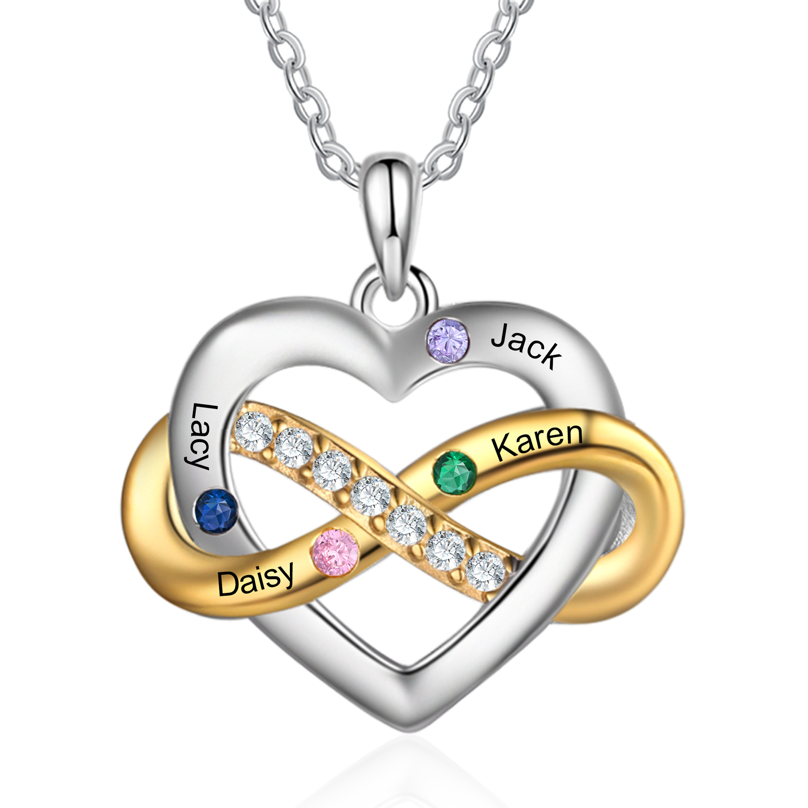 Personalised Heart & Infinity Necklace Custom 2-6 Birthstones & 2-6 Names Gifts for Her