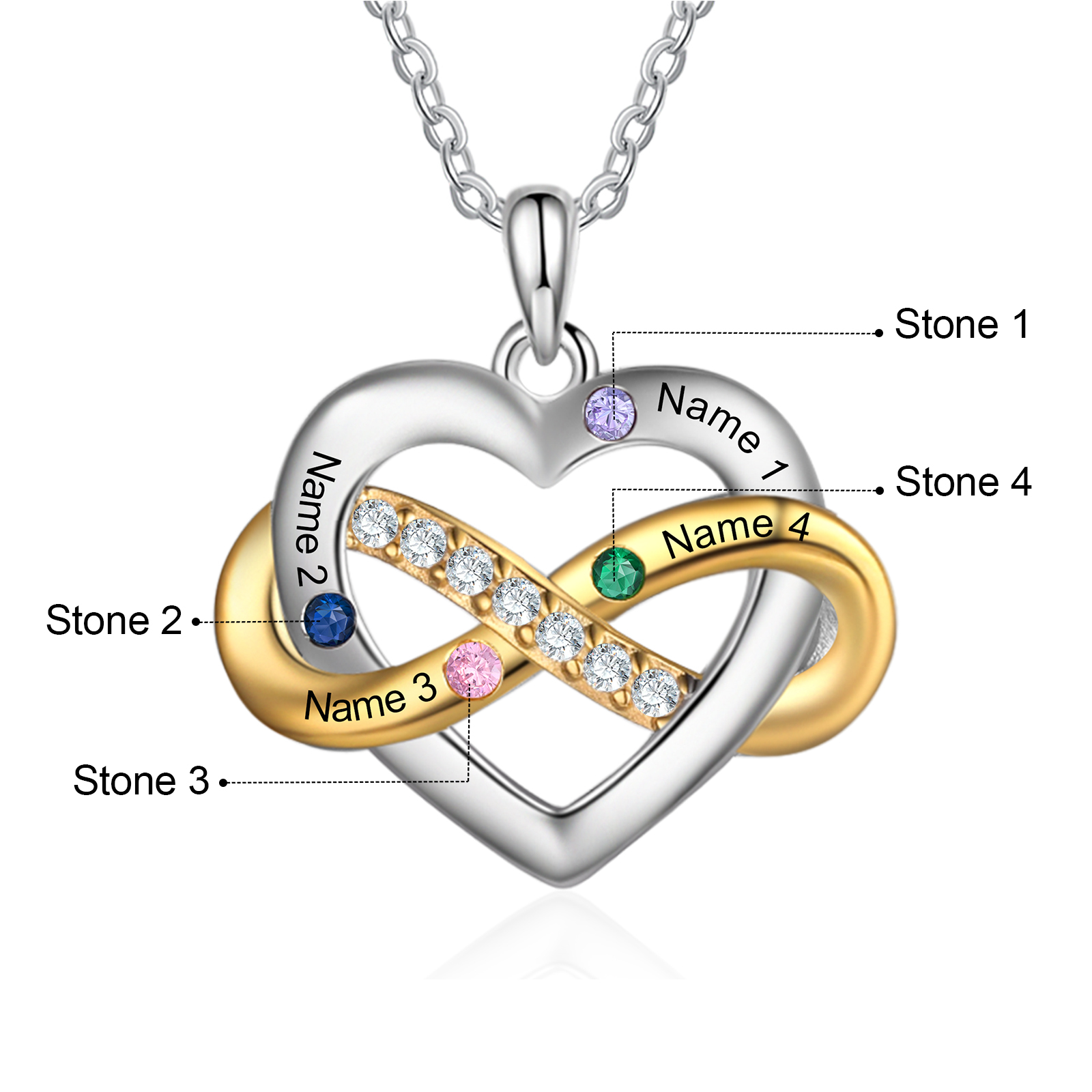 Personalised Heart & Infinity Necklace Custom 2-6 Birthstones & 2-6 Names Gifts for Her-Jessemade AU
