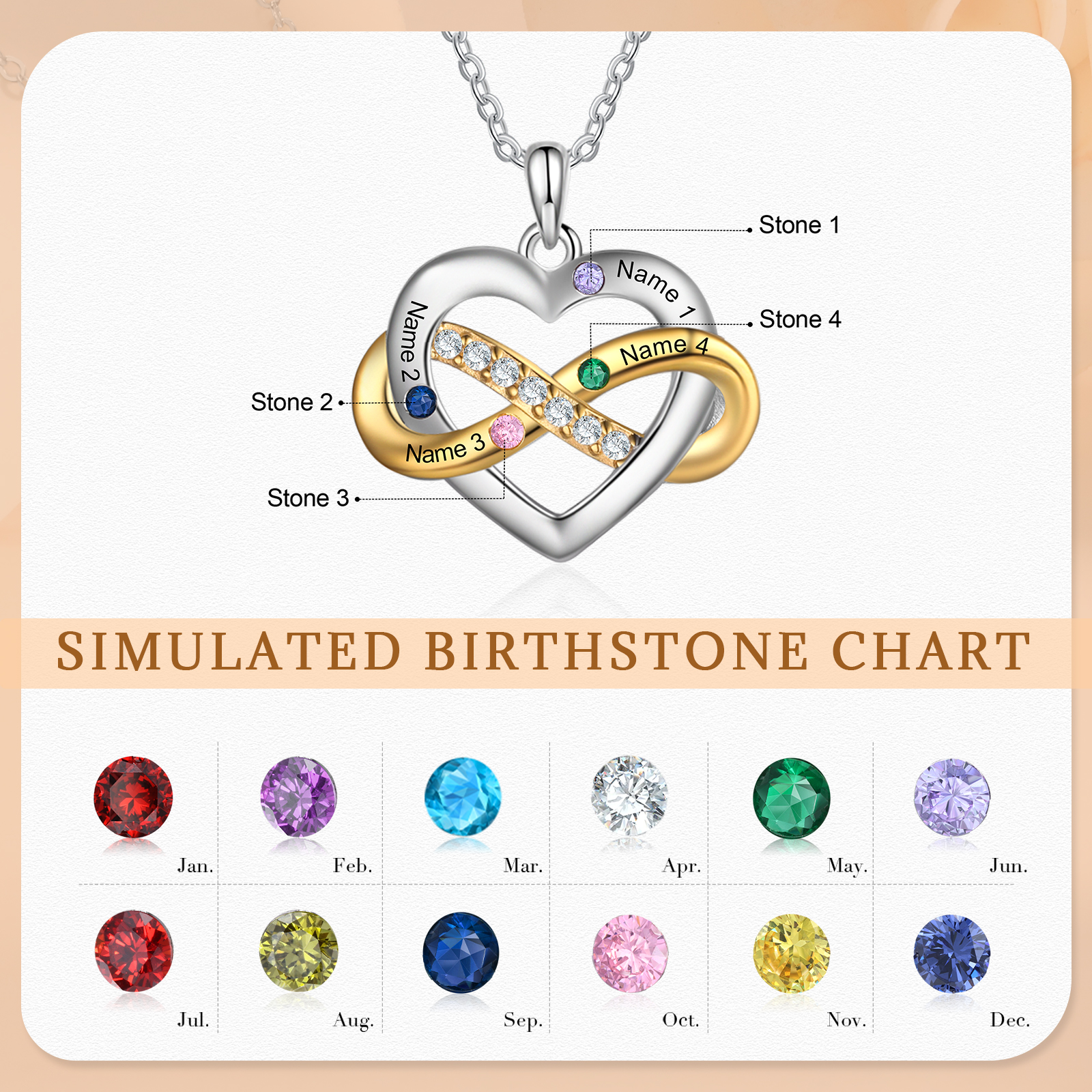 Personalised Heart & Infinity Necklace Custom 2-6 Birthstones & 2-6 Names Gifts for Her-Jessemade AU