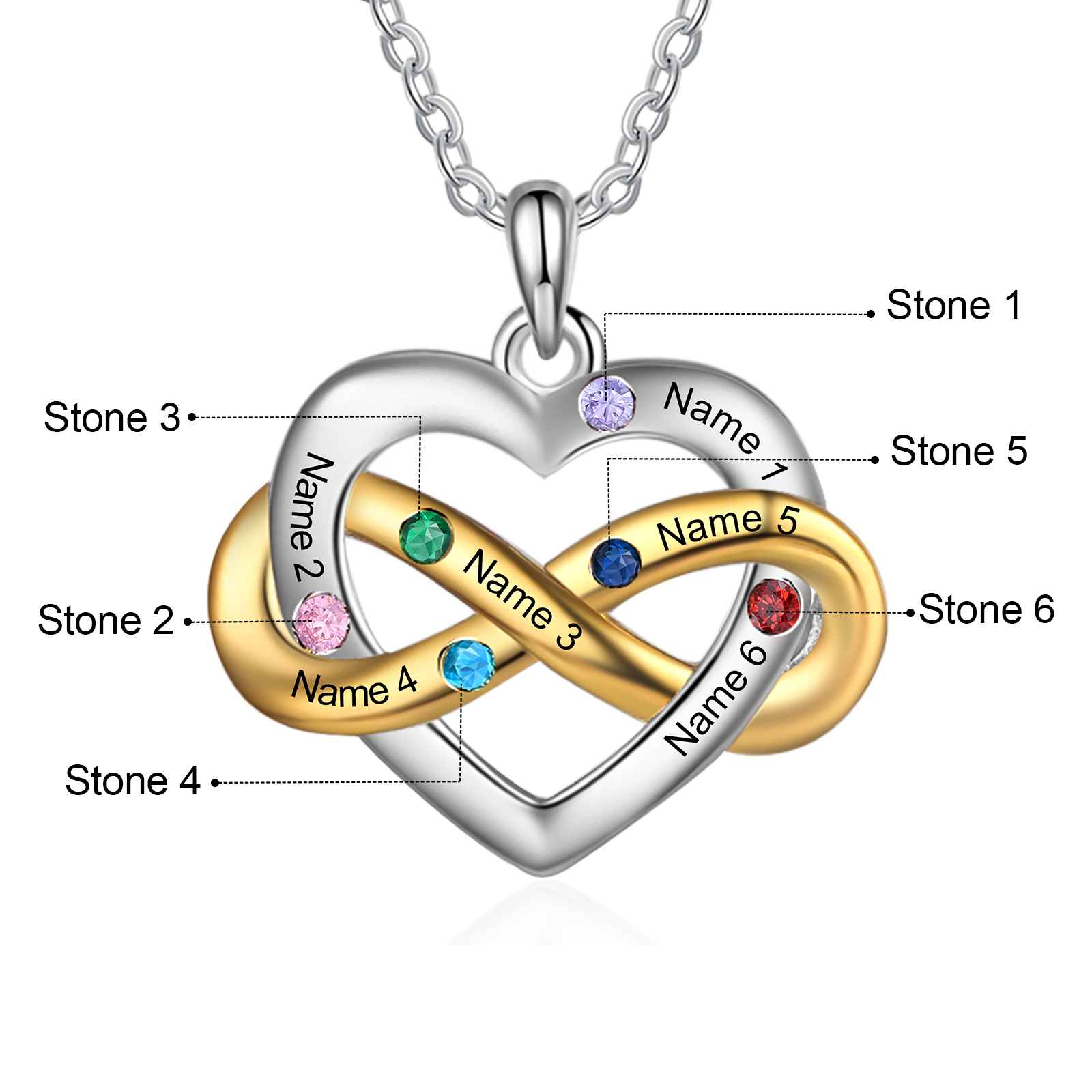 Personalised Heart & Infinity Necklace Custom 2-6 Birthstones & 2-6 Names Gifts for Her-Jessemade AU