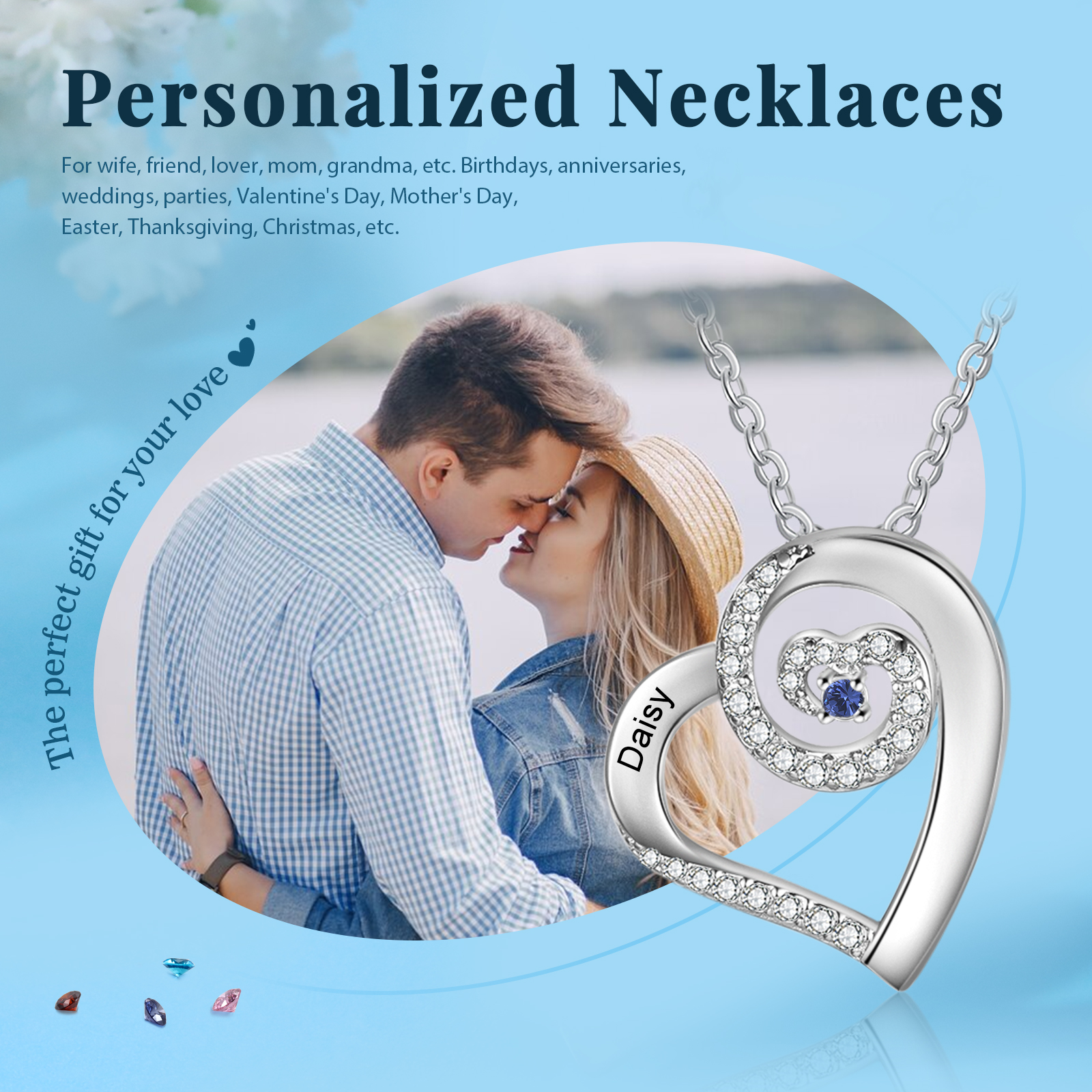 Personalised Heart Pendant Necklace Custom 1 Birthstone & 1 Name Gift for Women Girls-Jessemade AU