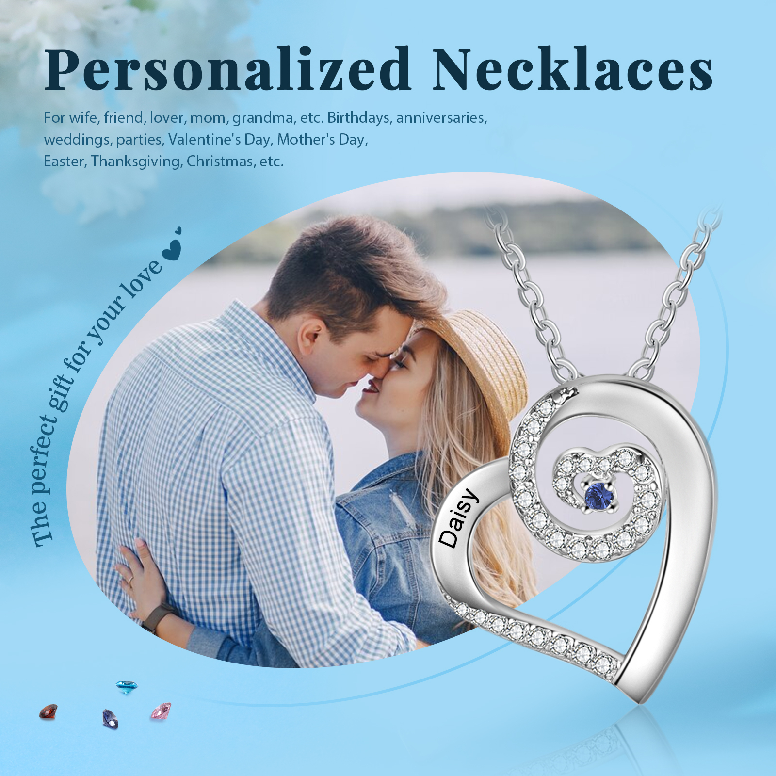 Personalised Heart Pendant Necklace Custom 1 Birthstone & 1 Name Gift for Women Girls-Jessemade AU