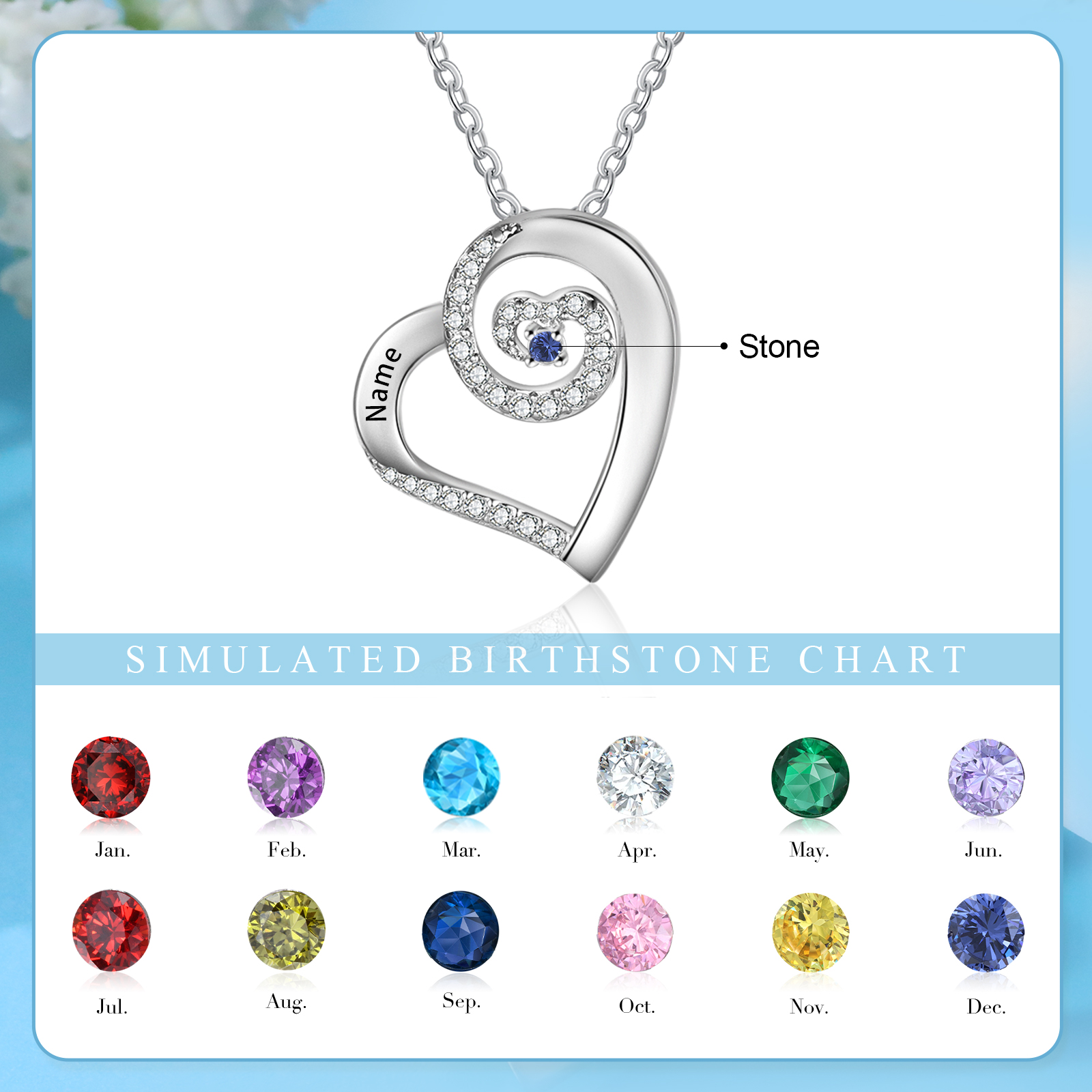 Personalised Heart Pendant Necklace Custom 1 Birthstone & 1 Name Gift for Women Girls