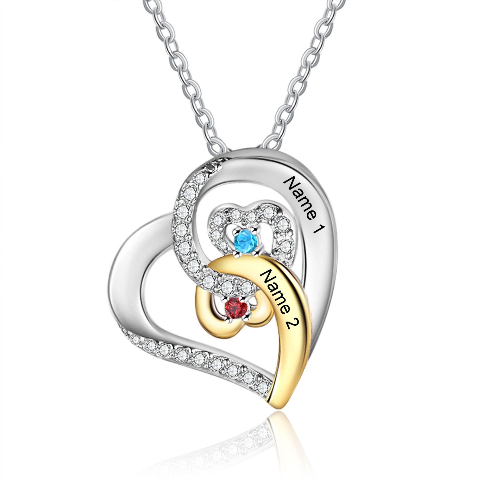 Personalised Heart Pendant Necklace Custom 2 Birthstones & 2 Names Gift for Women Girls