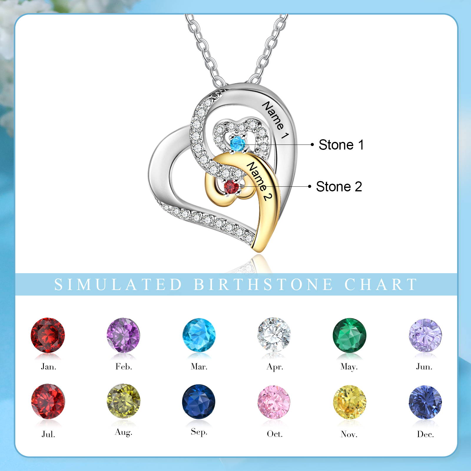 Personalised Heart Pendant Necklace Custom 2 Birthstones & 2 Names Gift for Women Girls