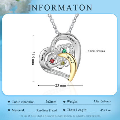 Personalised Heart Pendant Necklace Custom 3 Birthstones & 3 Names Gift for Women Girls-Jessemade AU