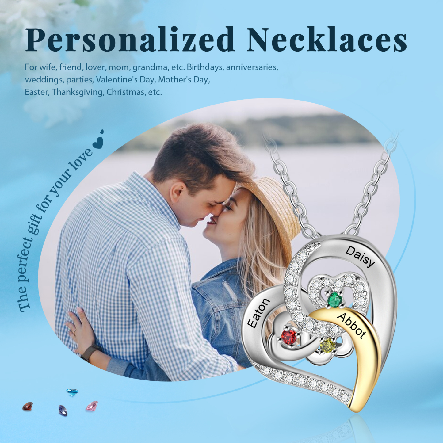 Personalised Heart Pendant Necklace Custom 3 Birthstones & 3 Names Gift for Women Girls-Jessemade AU