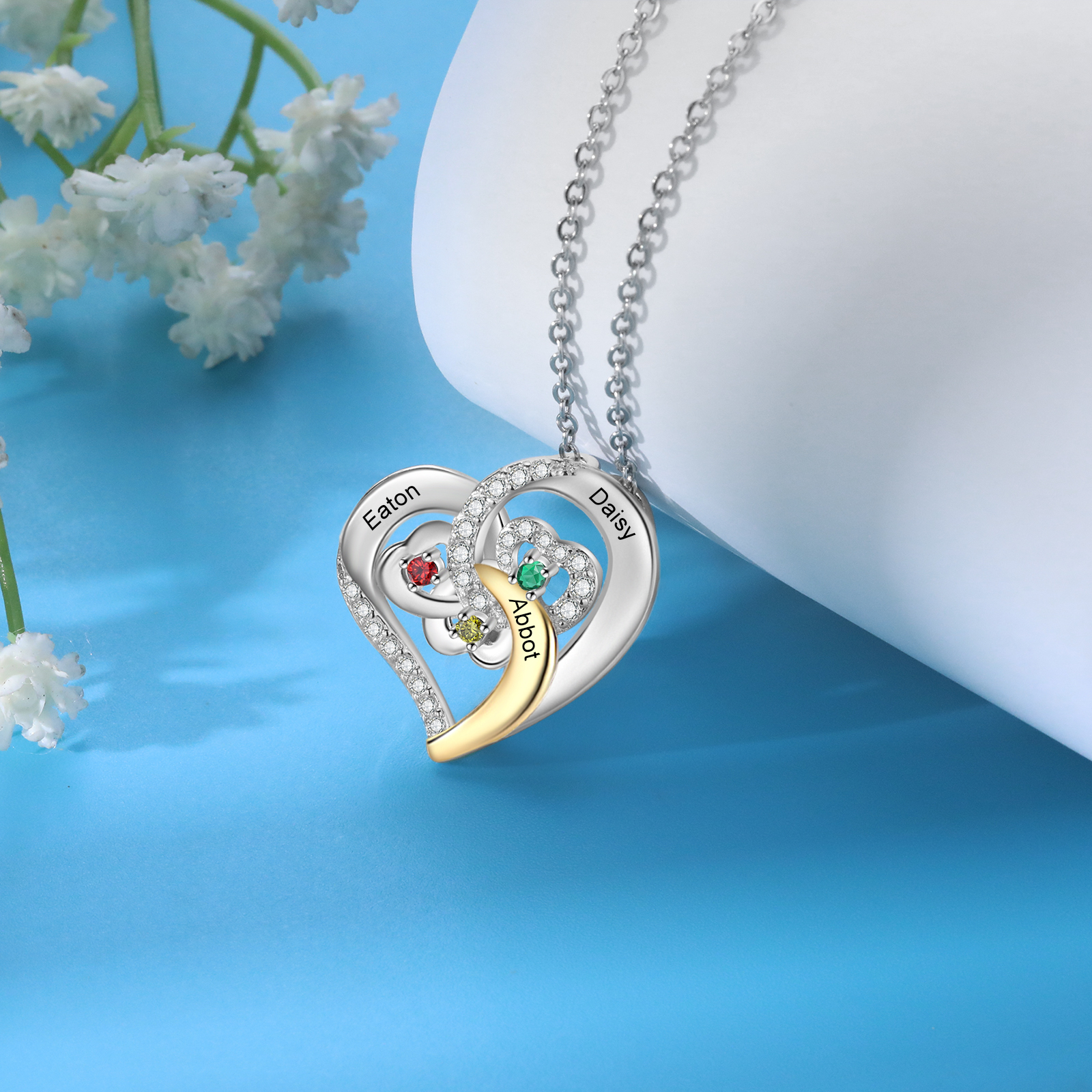 Personalised Heart Pendant Necklace Custom 3 Birthstones & 3 Names Gift for Women Girls-Jessemade AU