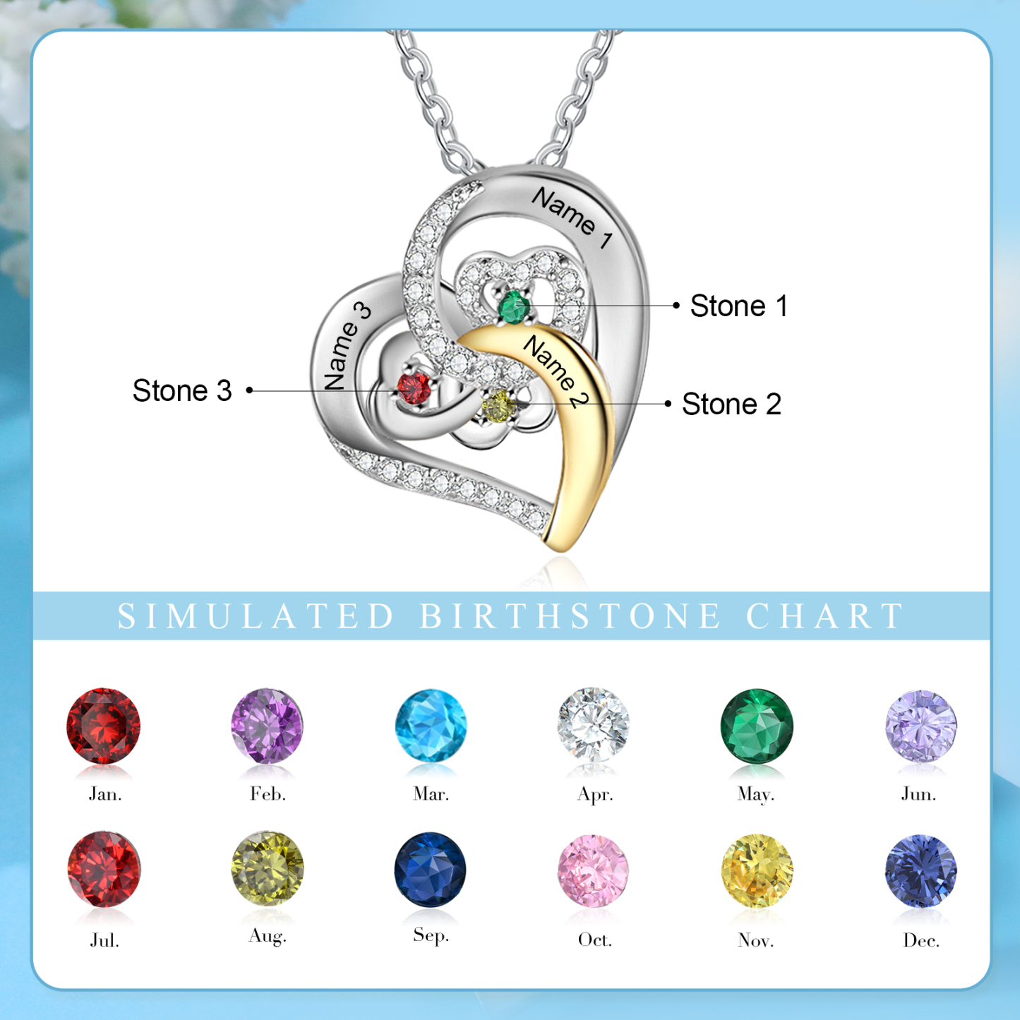 Personalised Heart Pendant Necklace Custom 3 Birthstones & 3 Names Gift for Women Girls-Jessemade AU