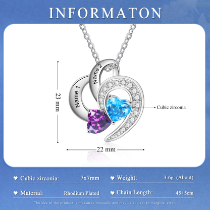 Personalised Heart Birthstone Necklace Custom 2 Names 2 Stones Mother Necklace Gift for Her-Jessemade AU